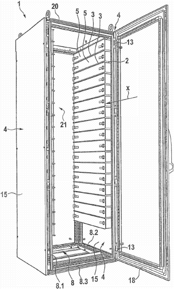 Switchgear cabinet or rack for accommodating electrical energy stores, in particular batteries, and a corresponding switchgear cabinet assembly or rack assembly