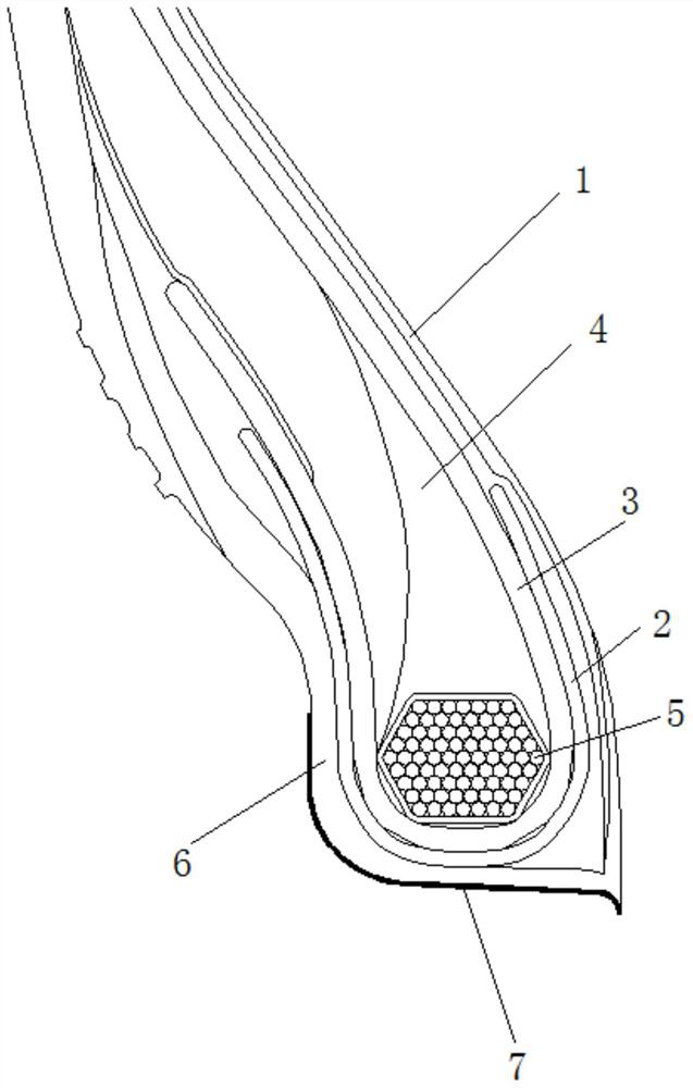 Tire bead structure having high density exhaust line