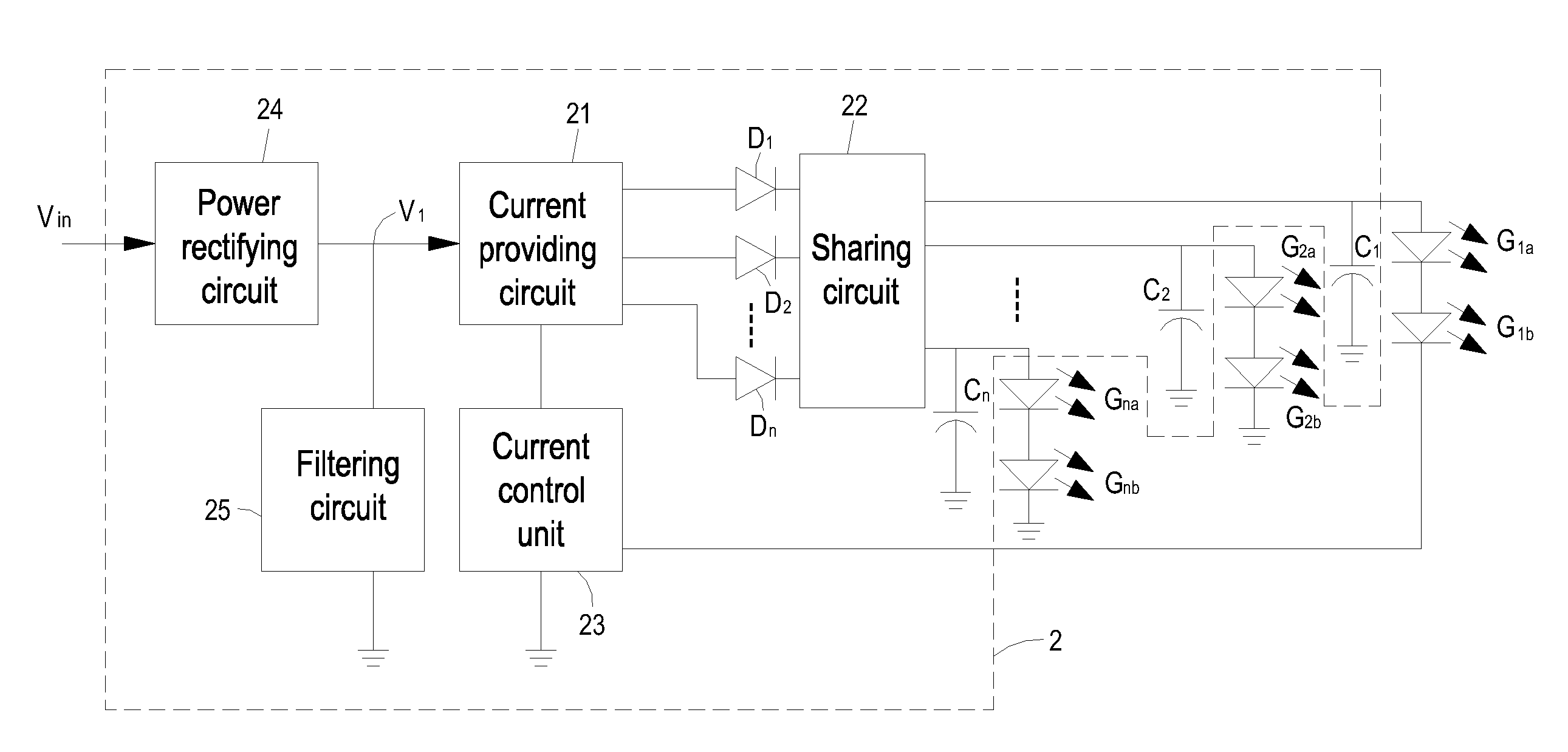 Power supply circuit with current sharing for driving multiple sets of DC loads