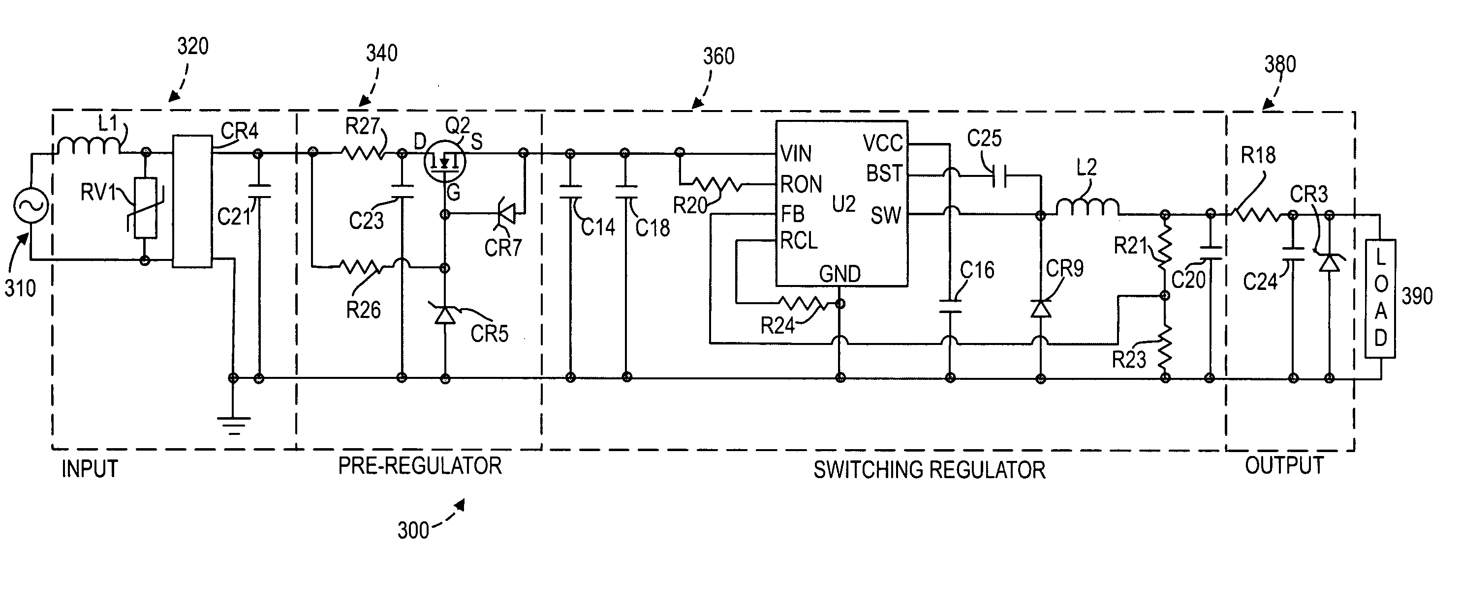 Switching power supply system with pre-regulator for circuit or personnel protection devices