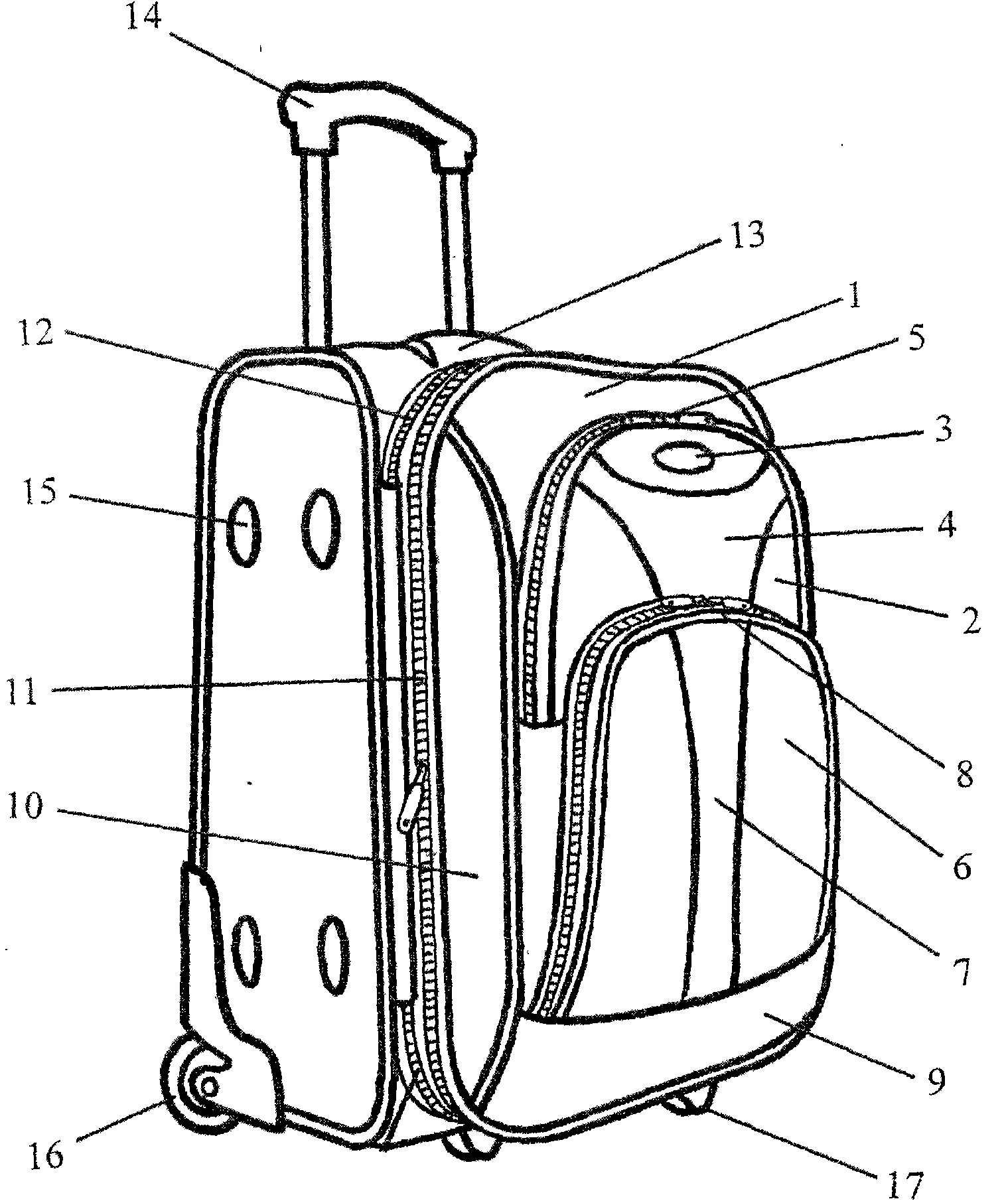 Draw-bar box with ornaments and overlapped lower convex bag and upper convex bag