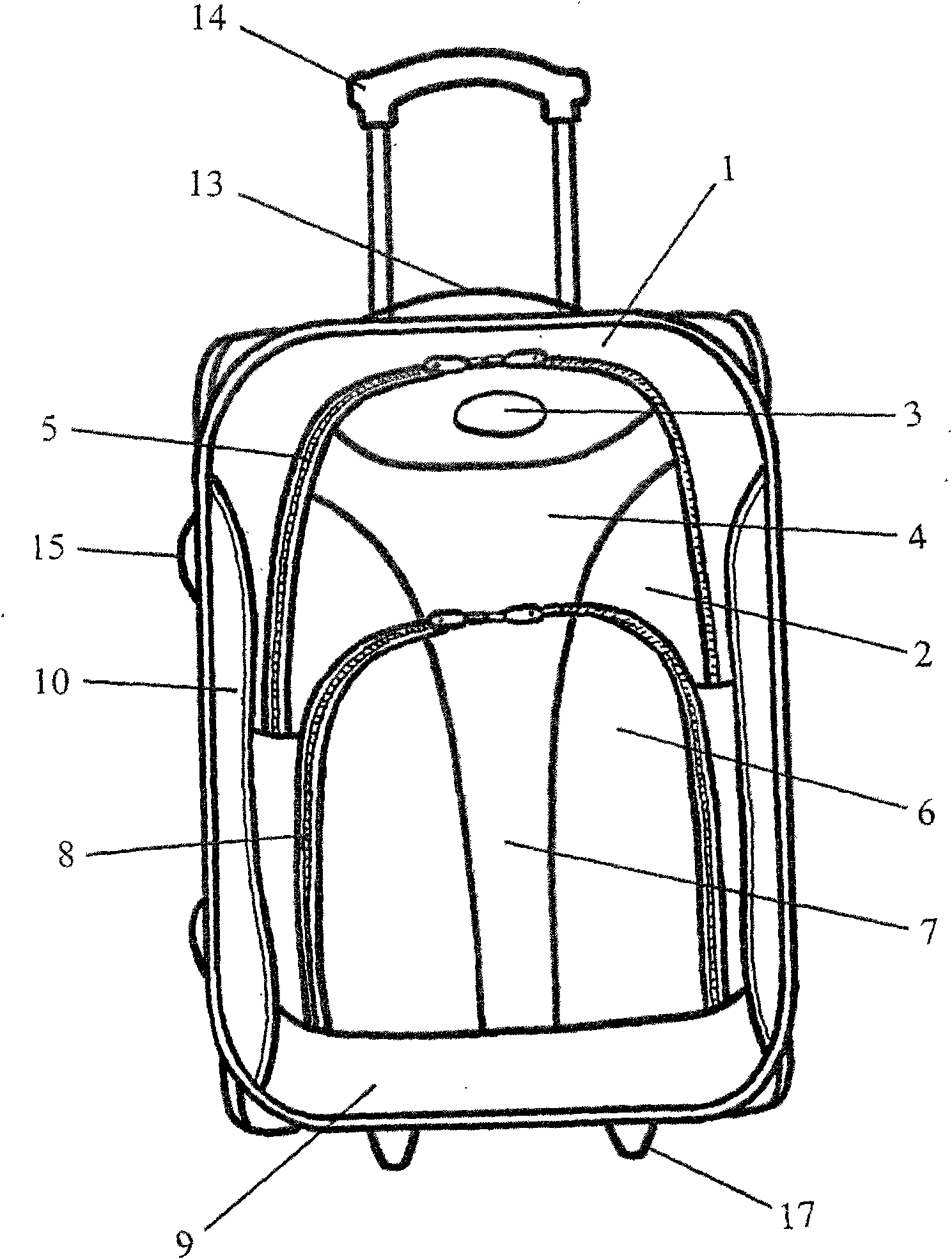 Draw-bar box with ornaments and overlapped lower convex bag and upper convex bag