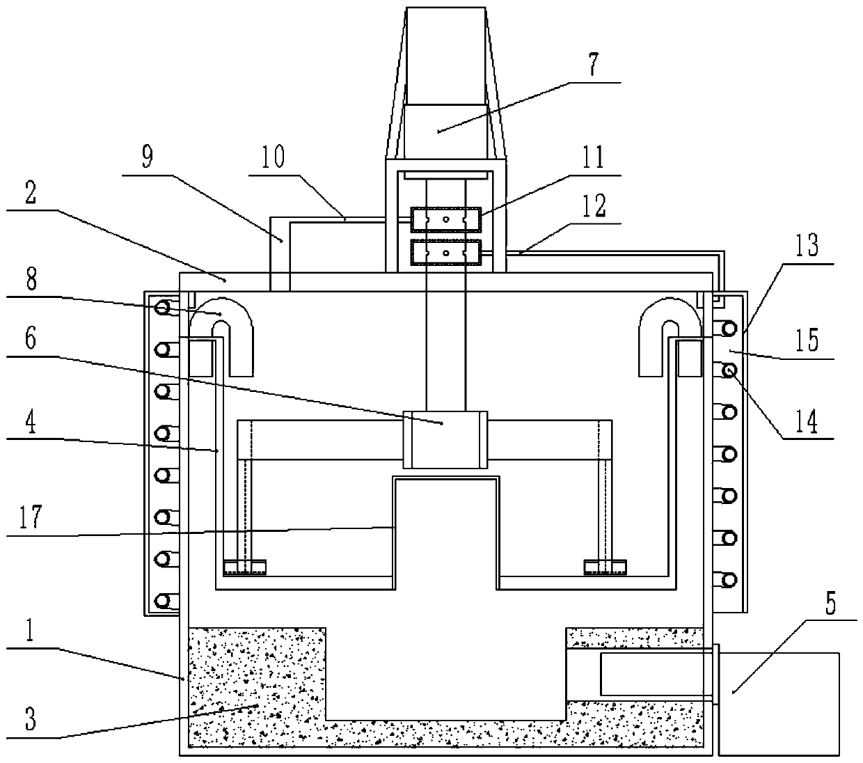 Vertical mixing and heating device for mixing and stirring materials