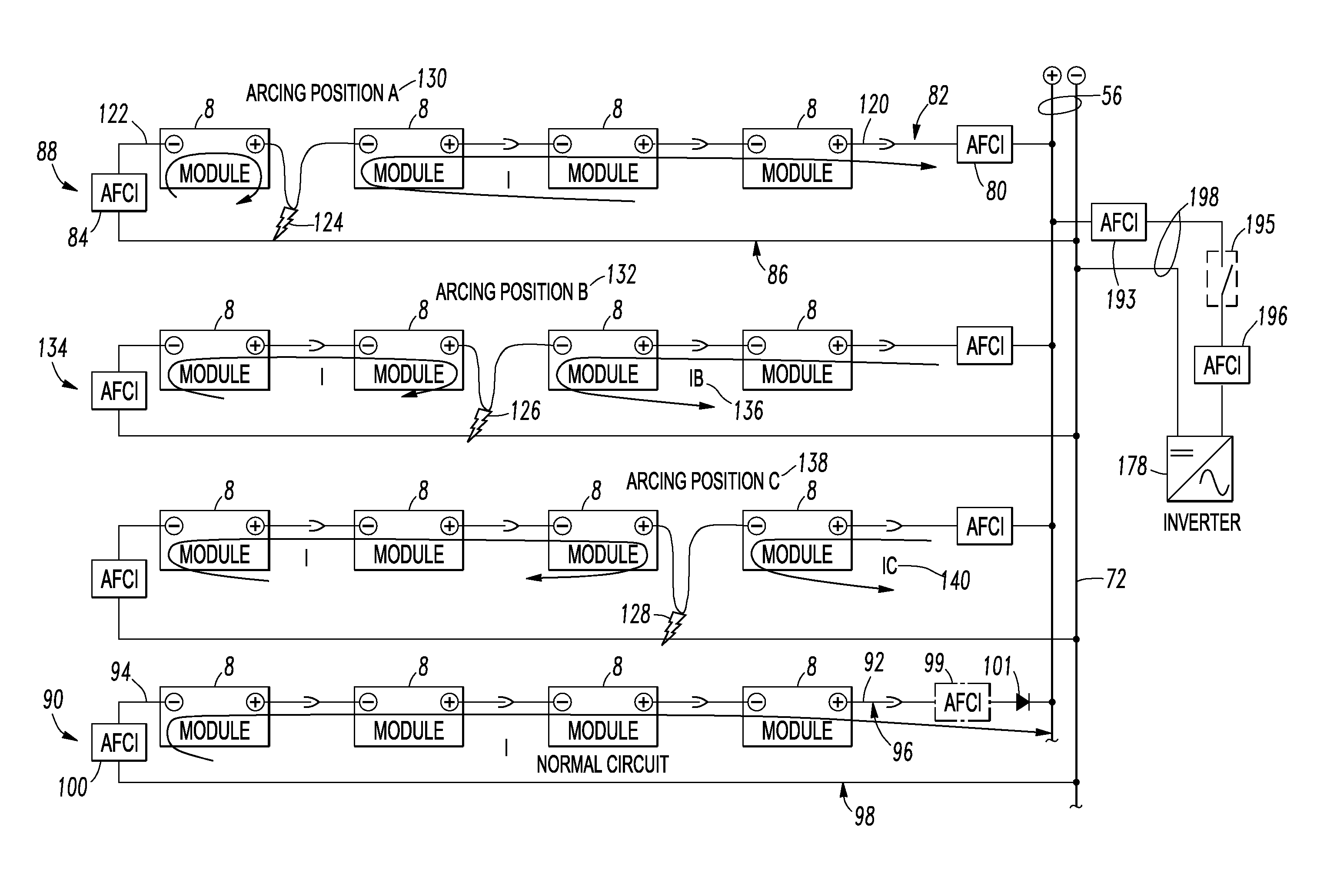 String and system employing direct current electrical generating modules and a number of string protectors