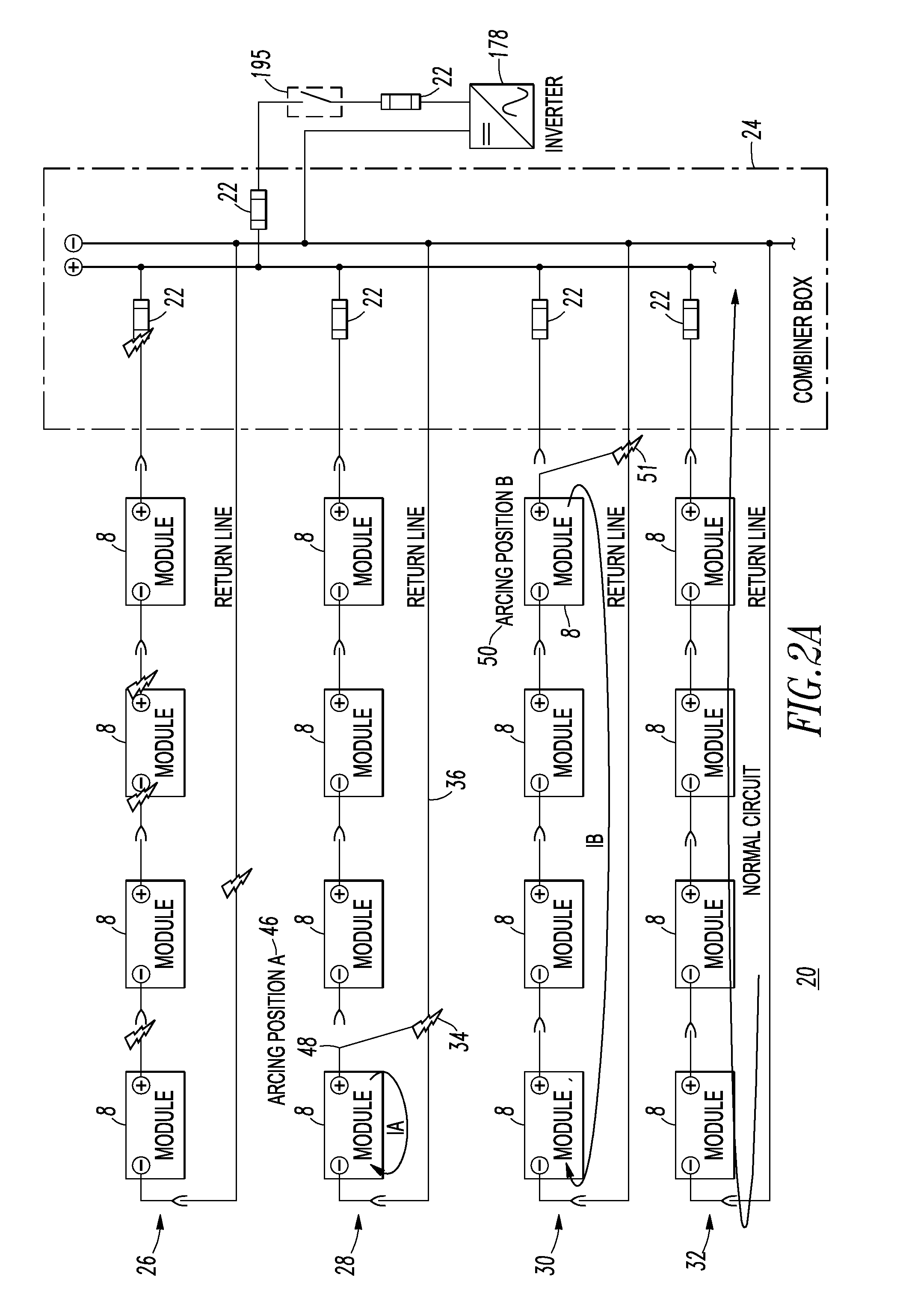 String and system employing direct current electrical generating modules and a number of string protectors