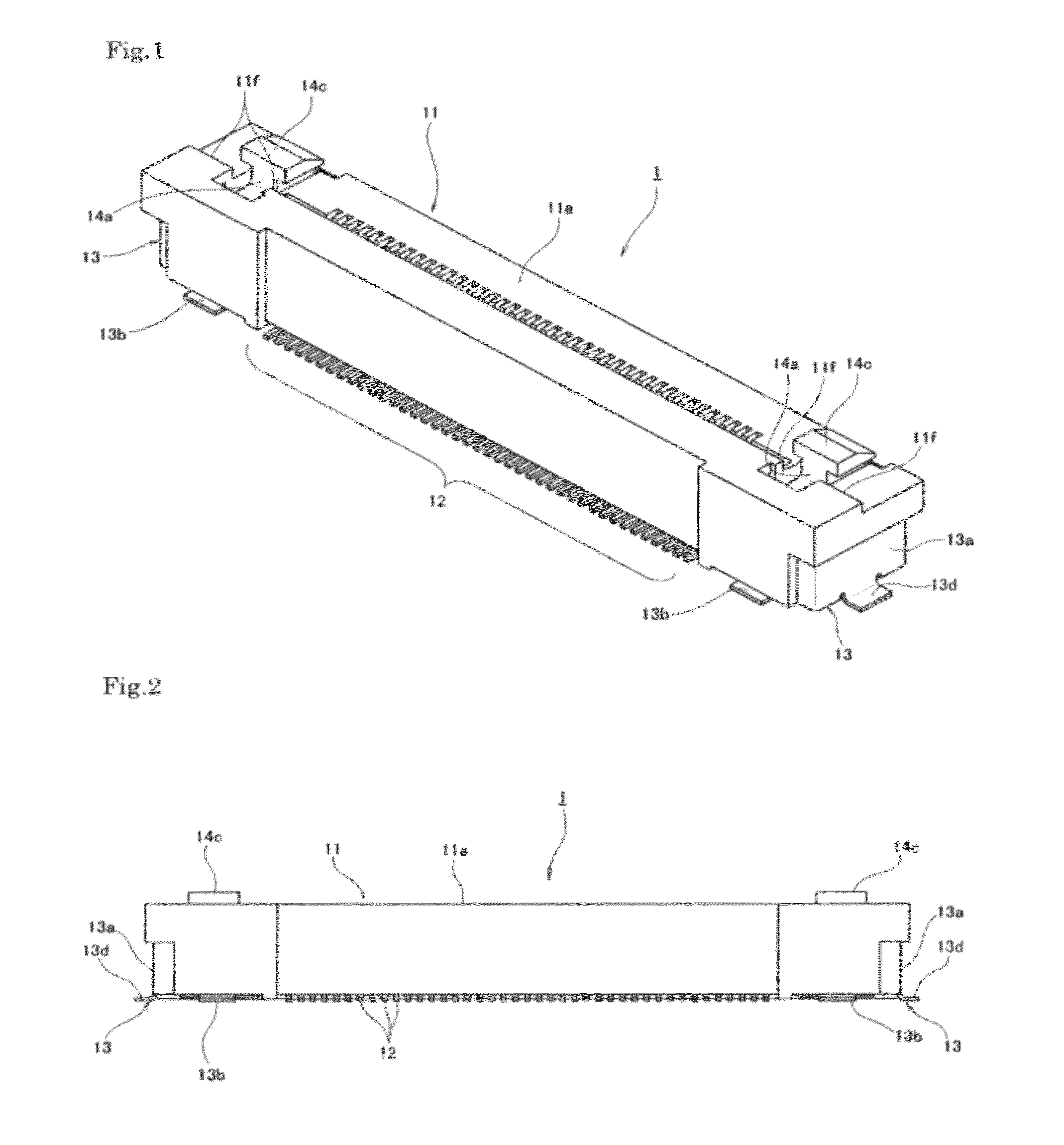 Electrical connector having a board connection leg portion with a locking portion to engage a signal transmission medium and a connector main body with an unlocking portion