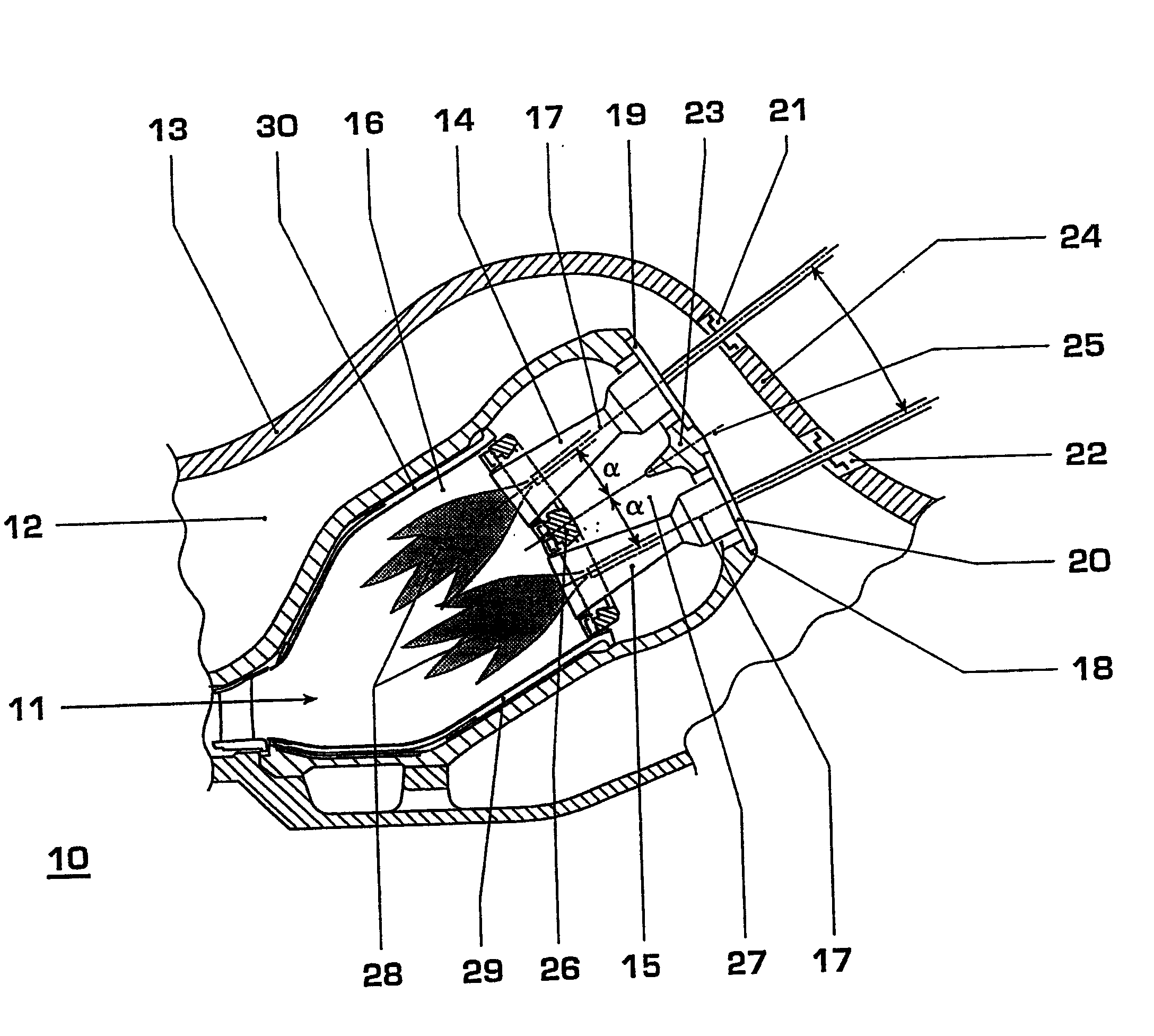 Combustion device for circular combustion chamber in a gas turbine plant