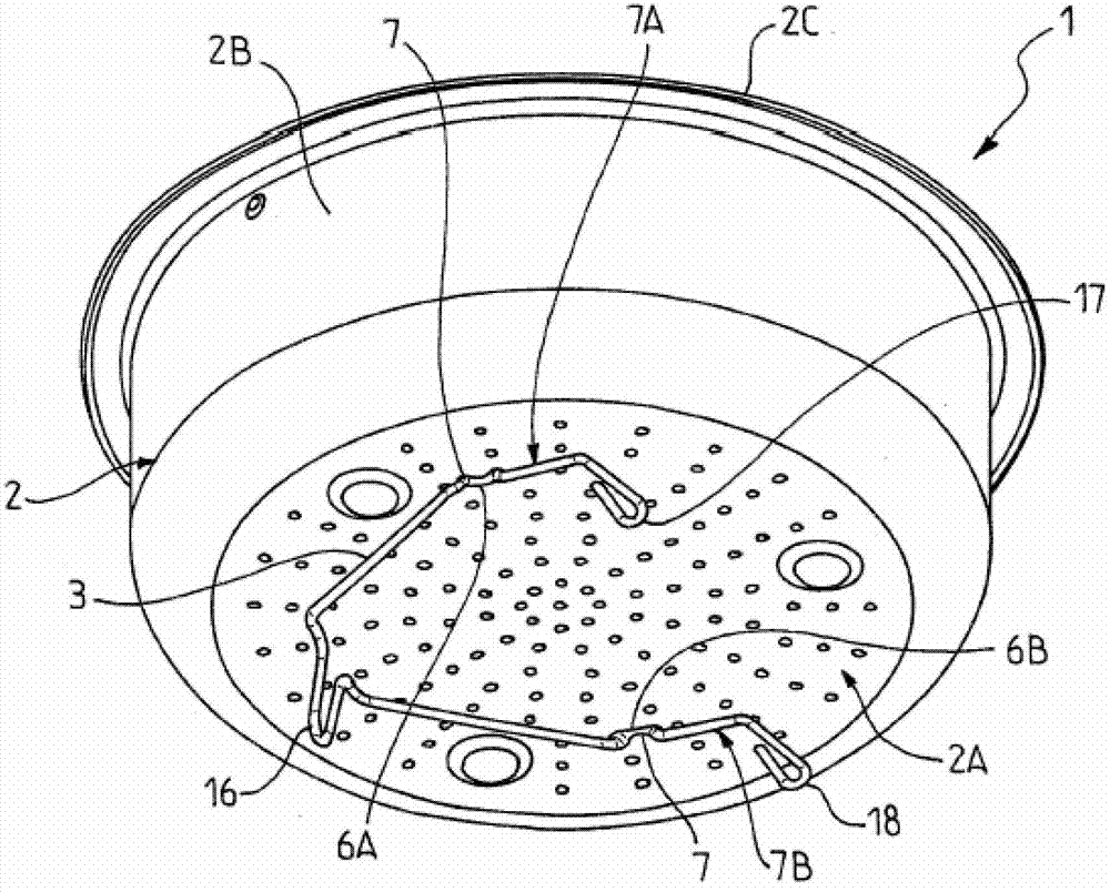 System including a food-cooking basket and booster, pressure cooker including such a system, cooking basket booster, cooking basket, and method for manufacturing a cooking basket booster