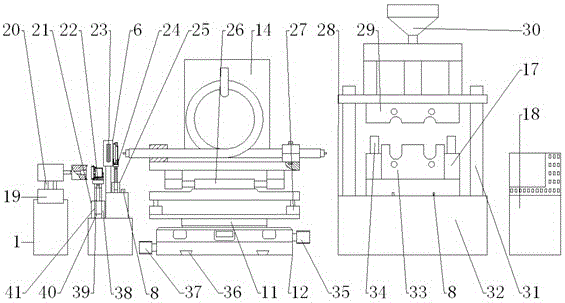 Automatic device for welding and injection molding of radio frequency coaxial jumper assembly