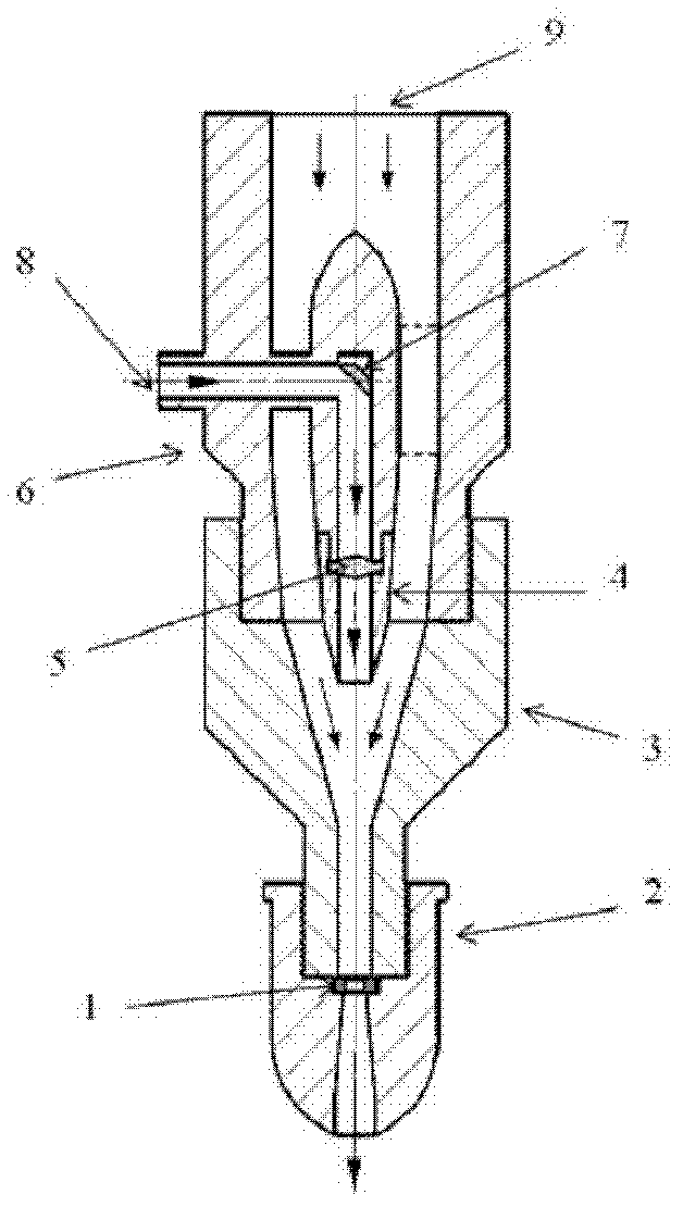 Ultrahigh pressure water jetting sheet material progressive processing spray nozzle based on laser auxiliary heating and application thereof