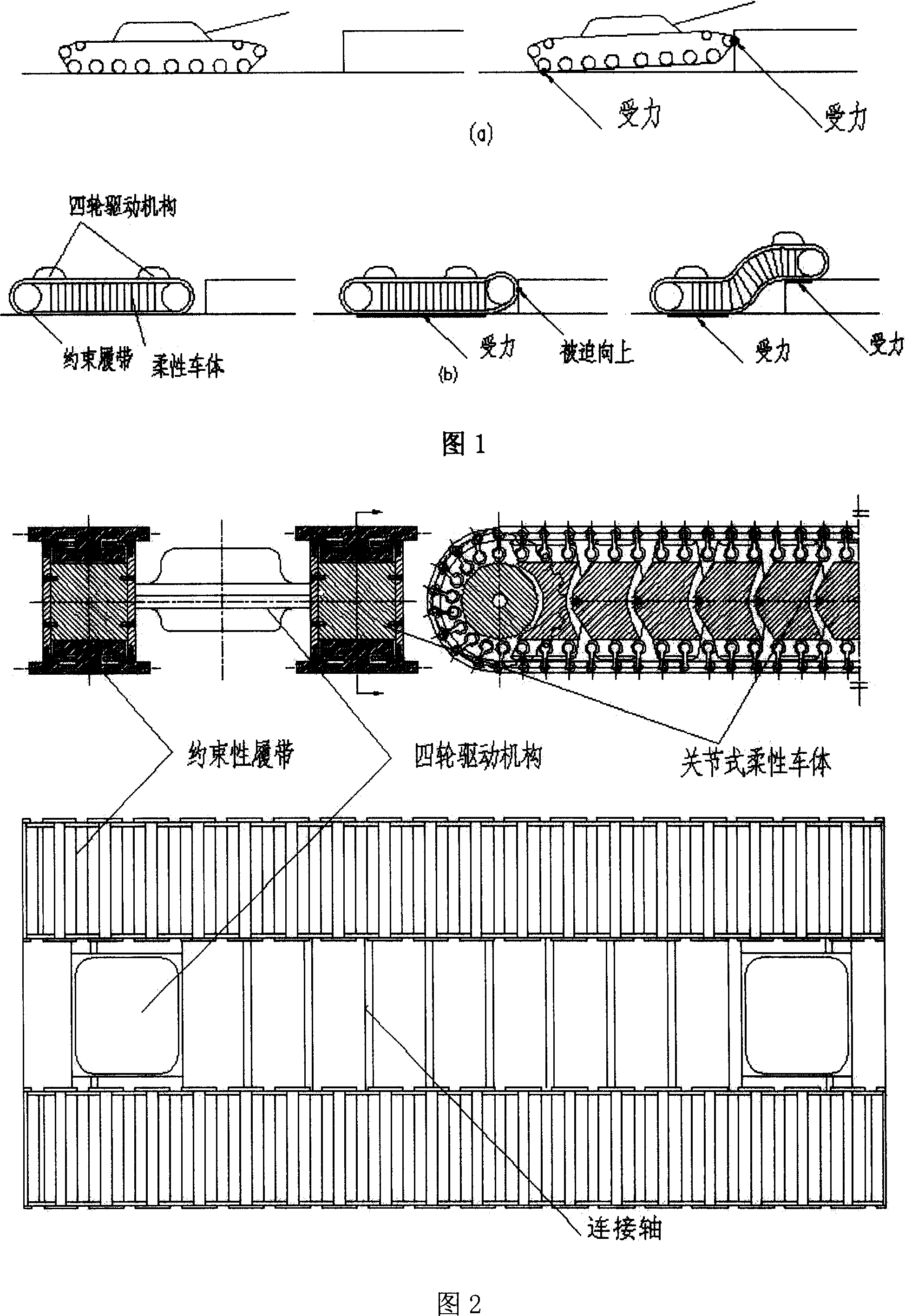 Restrained pedrail type flexible barrier-exceeding vehicle