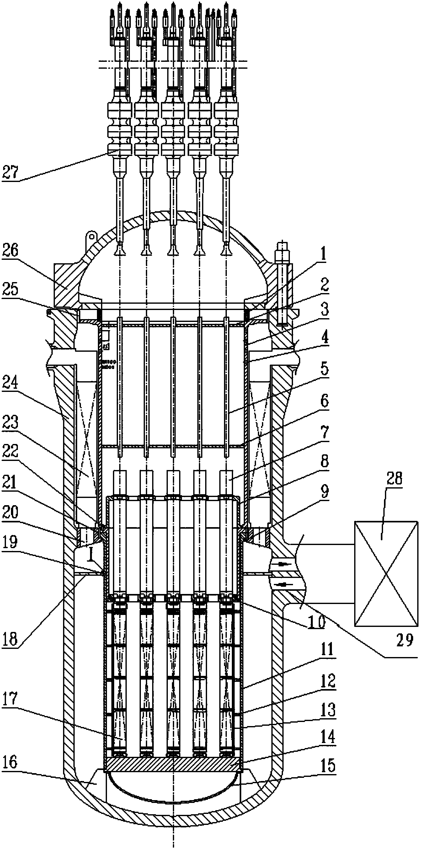 Split-type integral pressurized water reactor with down-suspended basket