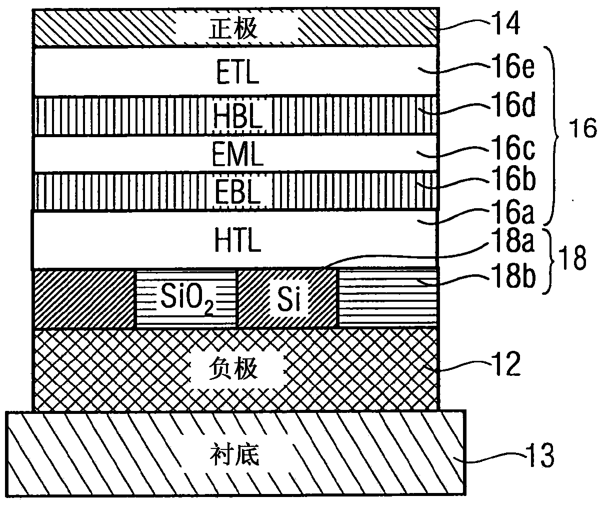 Electroluminescent light emission device having an optical grating structure, and method for production thereof