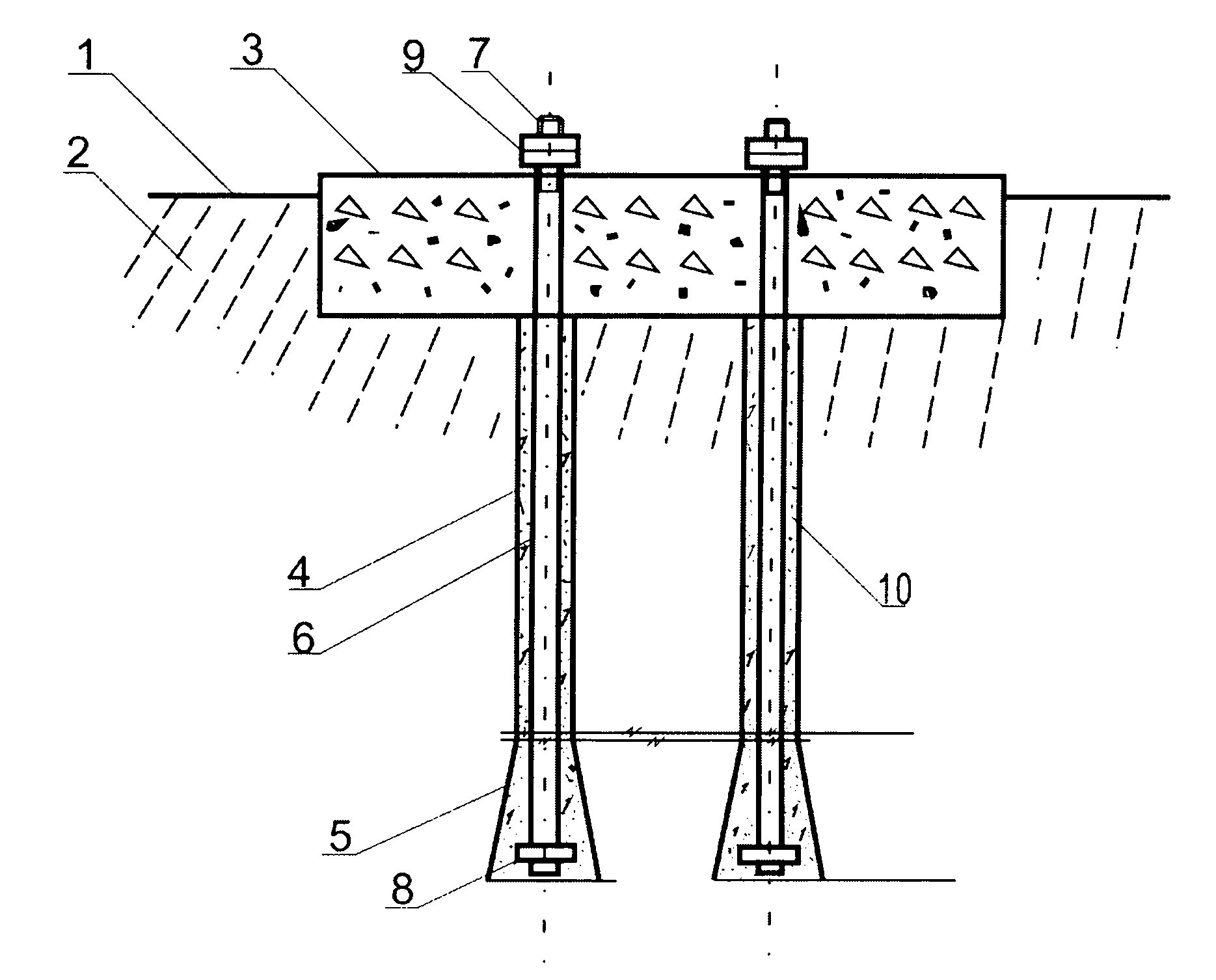 Construction process for rock enlarged toe anchor pile foundation of overhead power transmission line