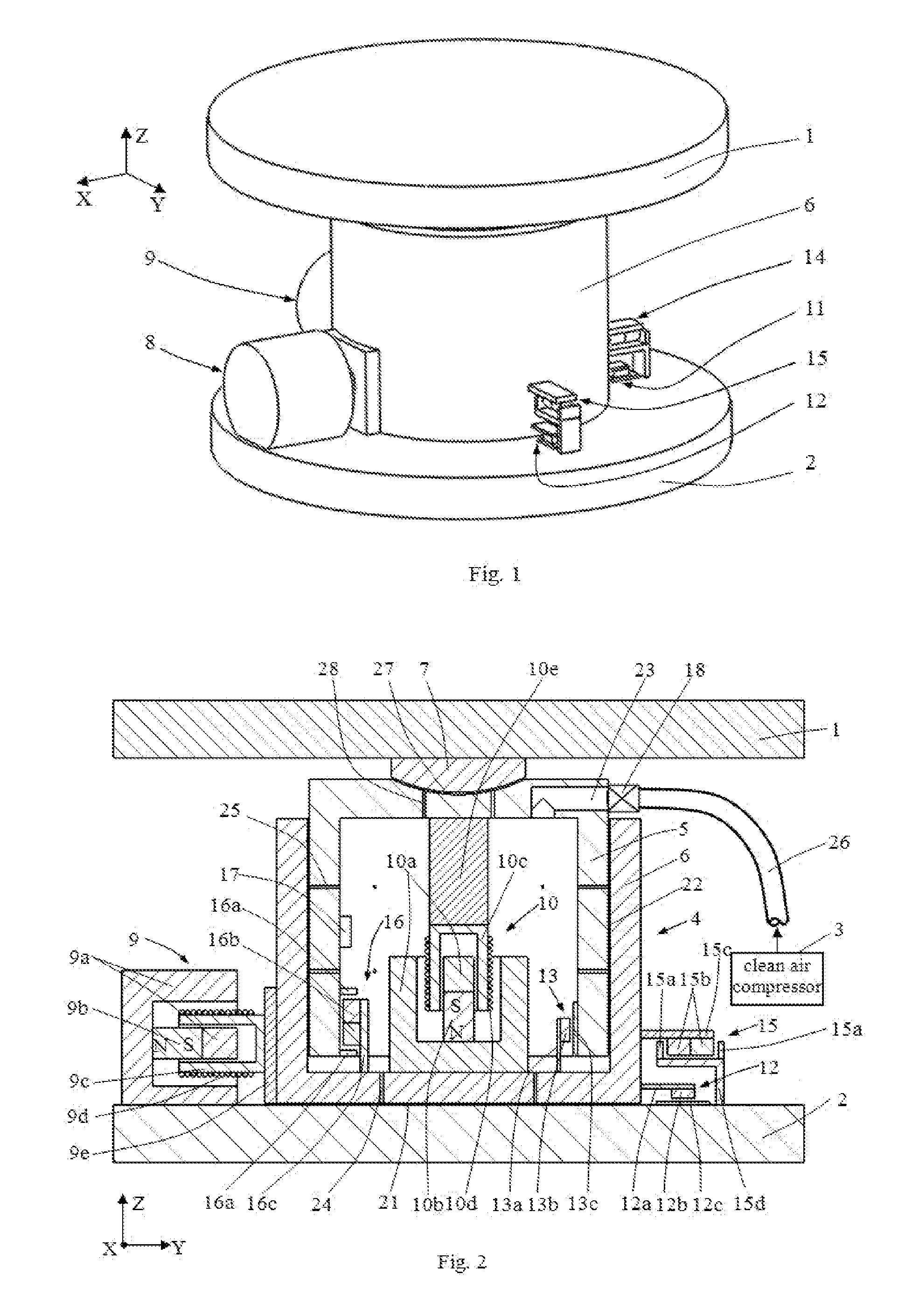 Vibration isolator with zero stiffness whose angle degree of freedom is decoupled with spherical air bearing