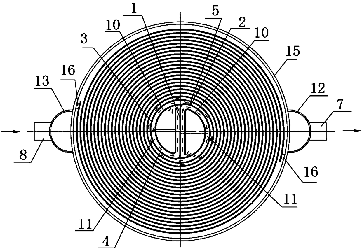 Spiral-plate-type heat exchanger with central heat-transfer strengthening effect