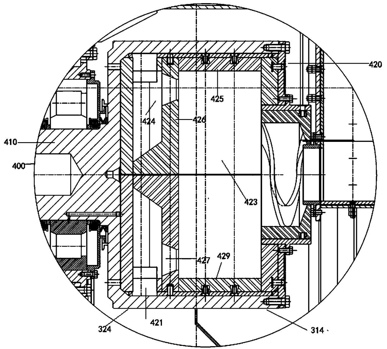 Discharging device for planetary ball grinding mill and discharging control method