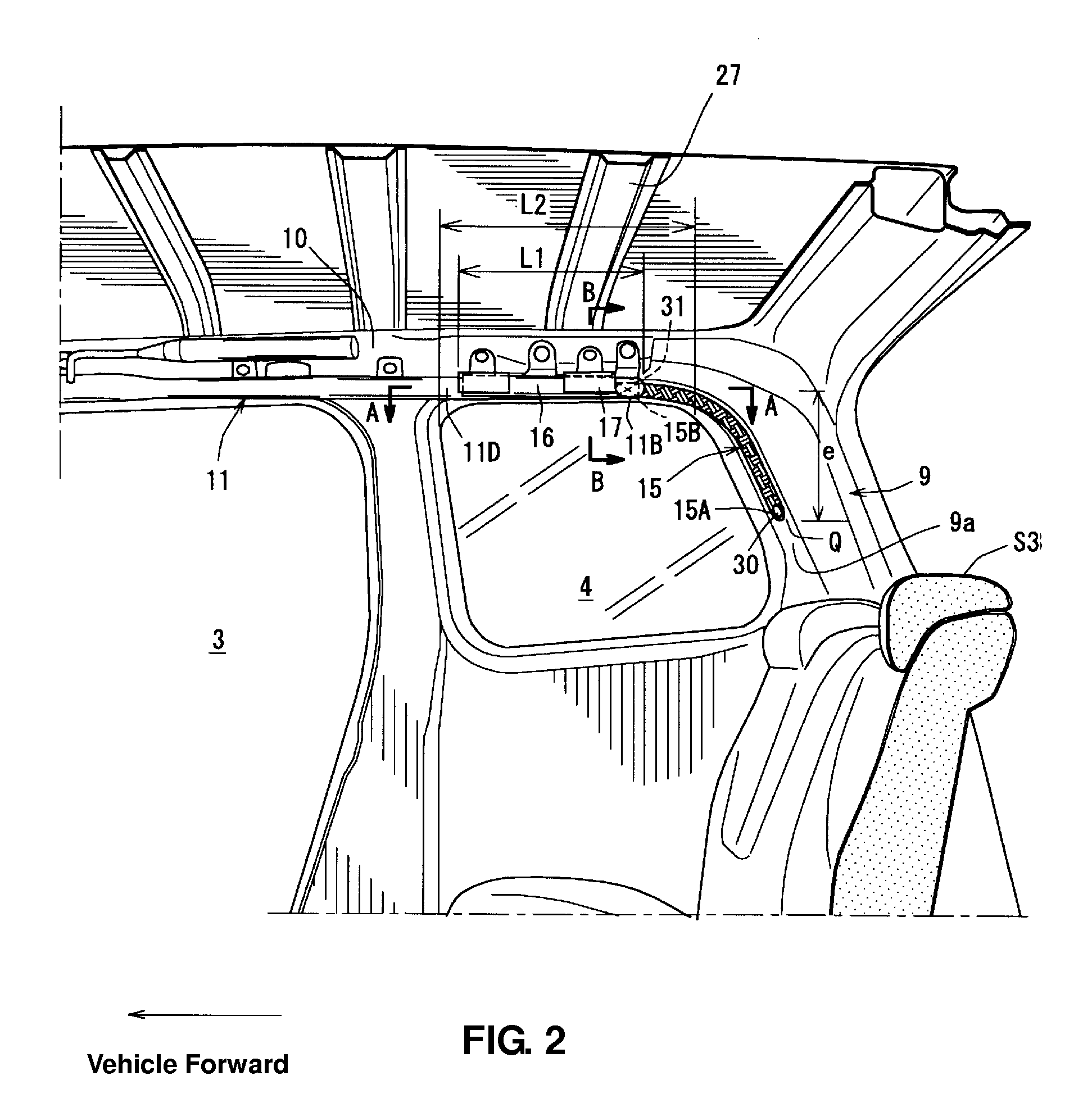 Interior structure of vehicle equipped with curtain airbag
