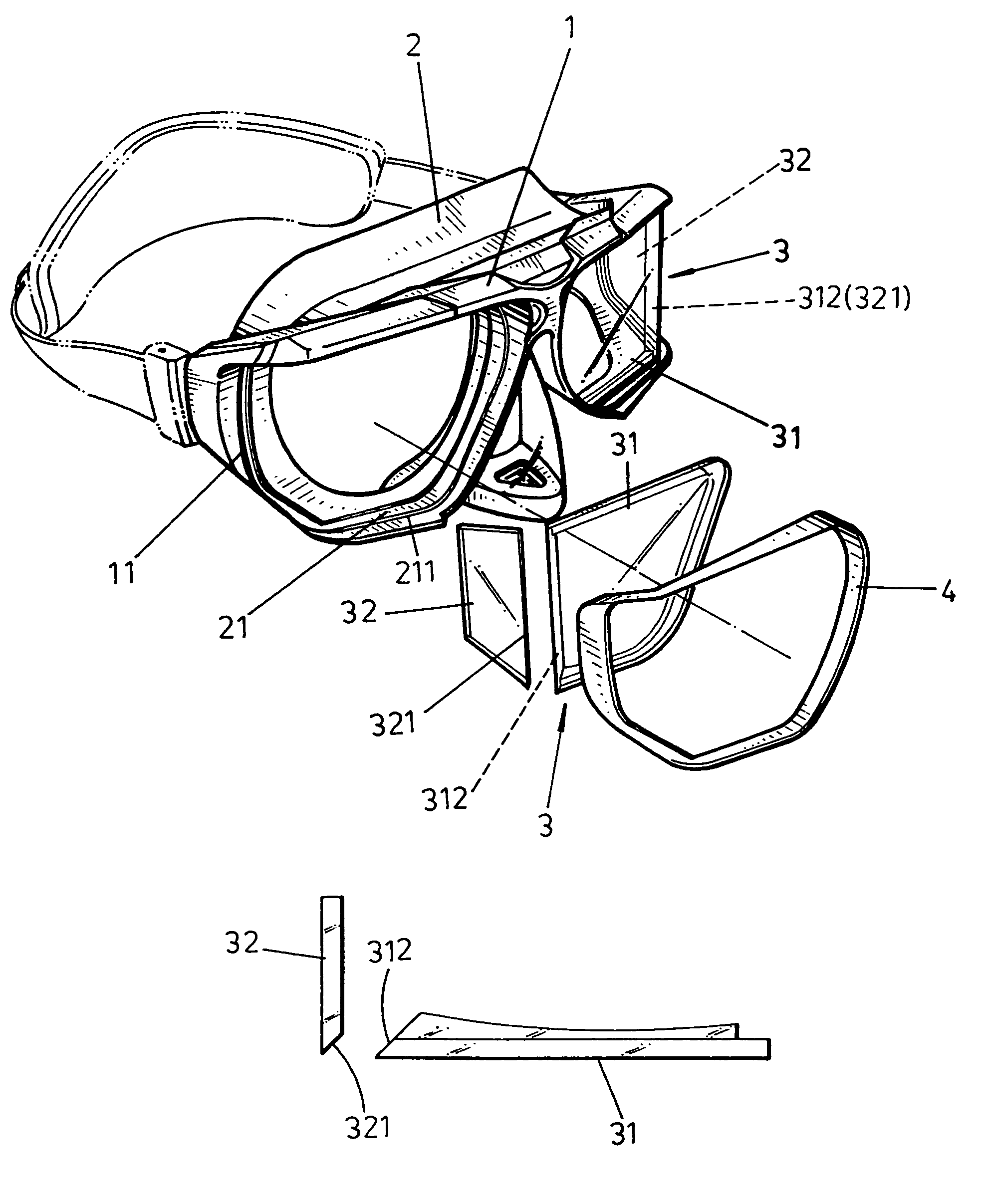 Near-sighted lens of wide-vision diving mirror