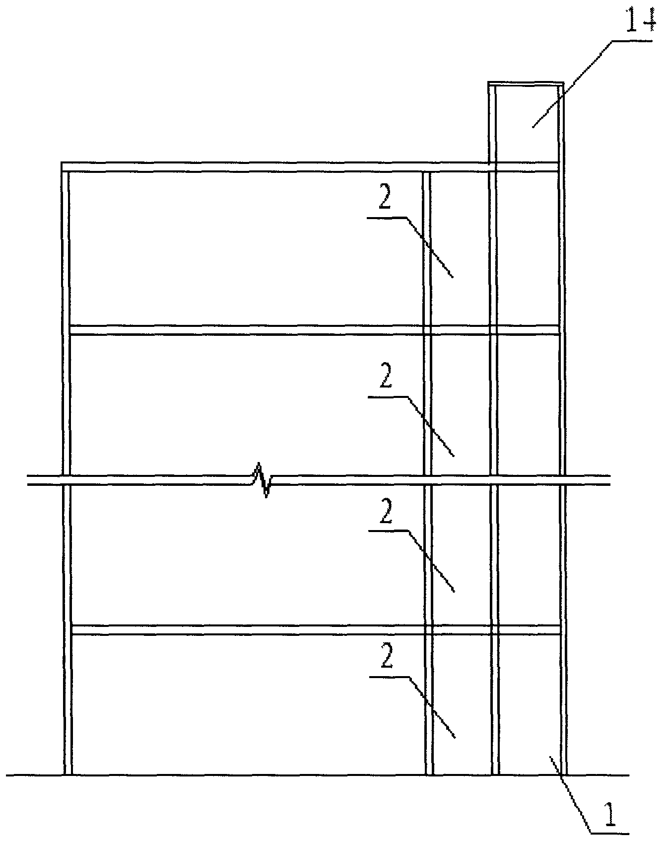 Gallery-type additional elevator structure for multi-storey dwelling and construction method thereof