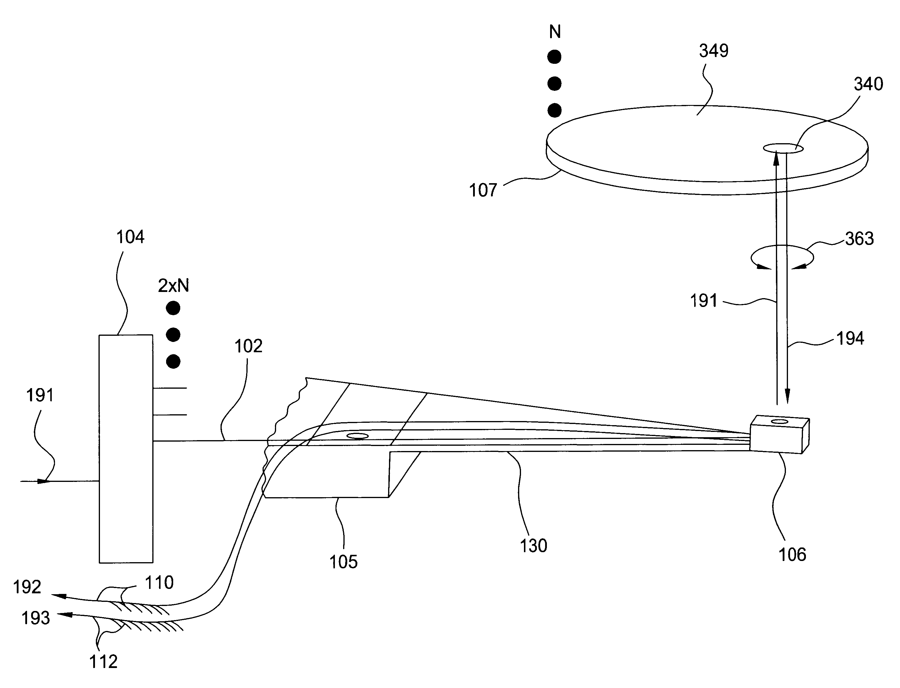 Data storage system having an optical processing flying head