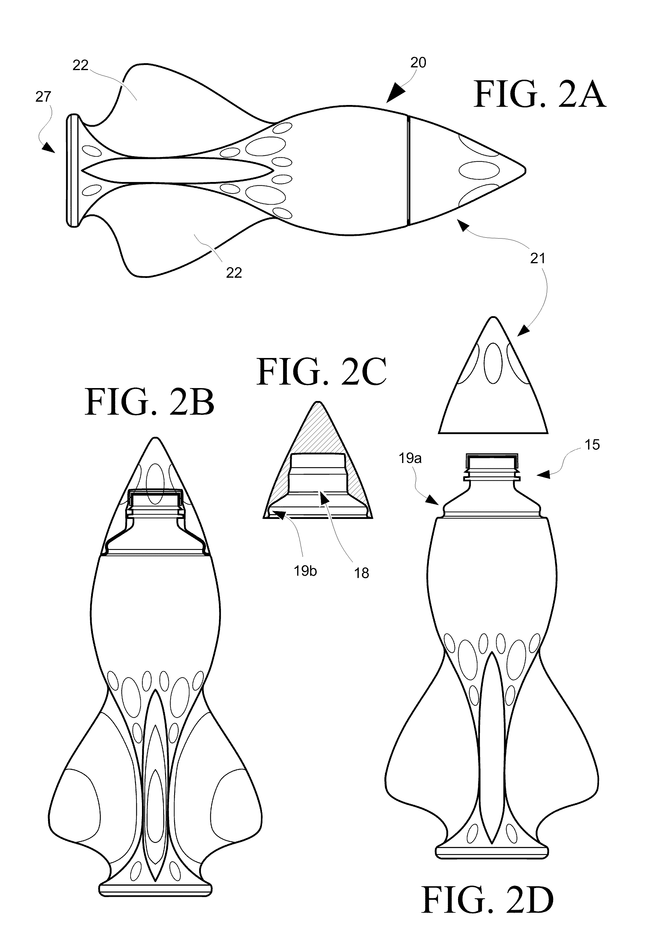 Thin-walled blow-formed tossable bottle with reinforced intra-fin cavities