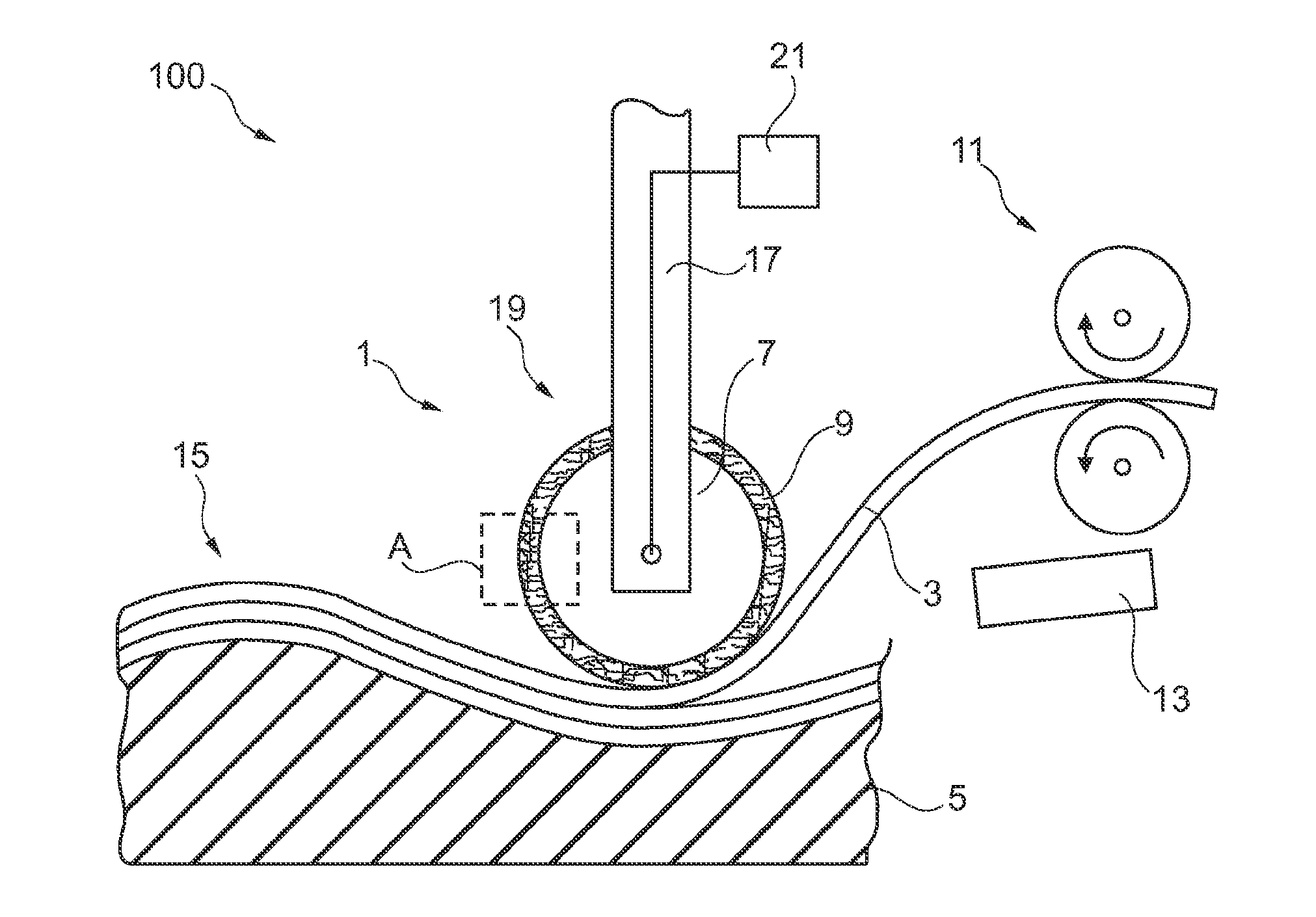 Pressing-on device for pressing on fiber-reinforced thermoplastic materials, fiber arranging device, and method for arranging a fiber-reinforced thermoplastic material