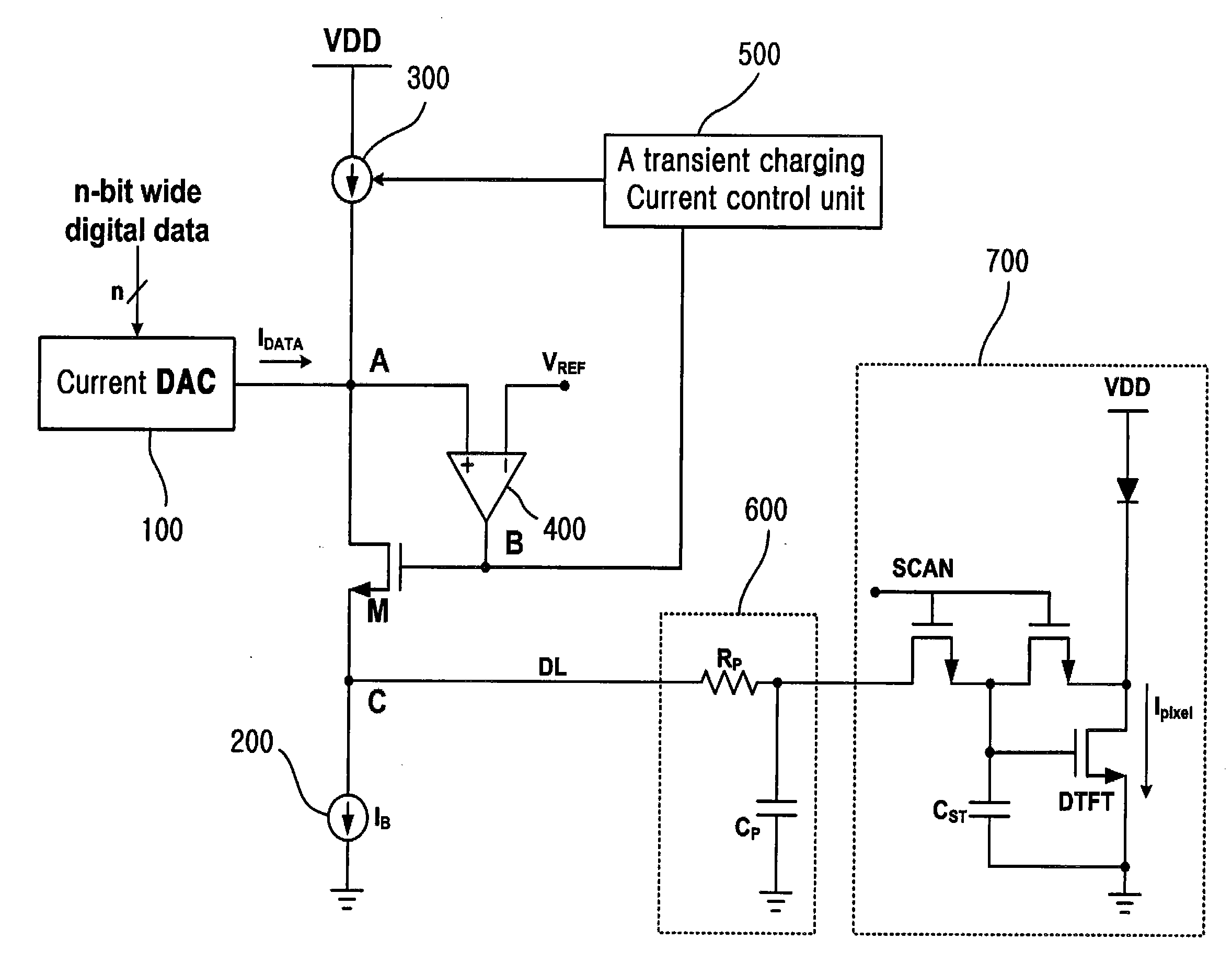 Amoled drive circuit using transient current feedback and active matrix driving method using the same