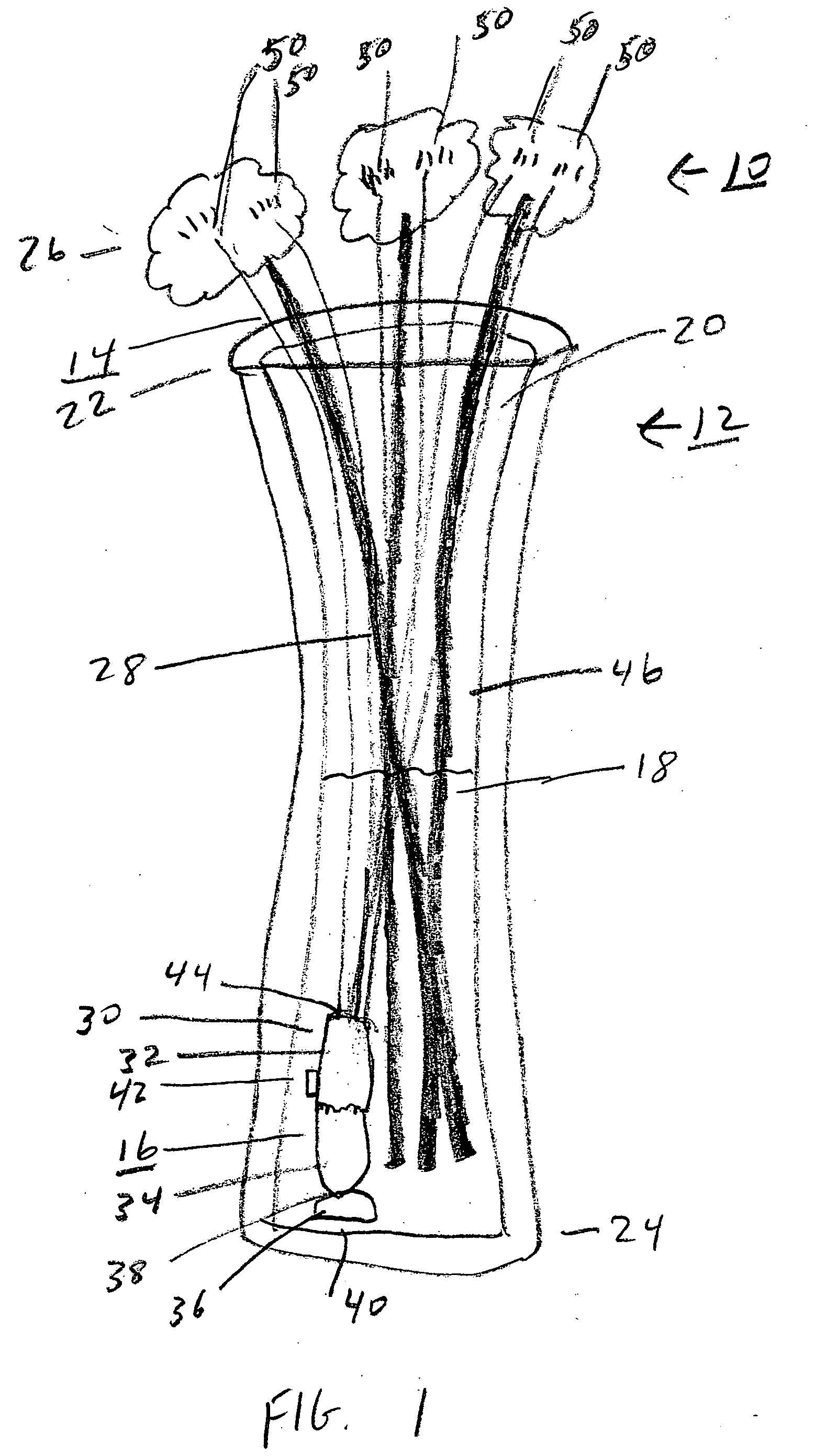 Submersible light source for an optical fiber flower display in a water-filled vase
