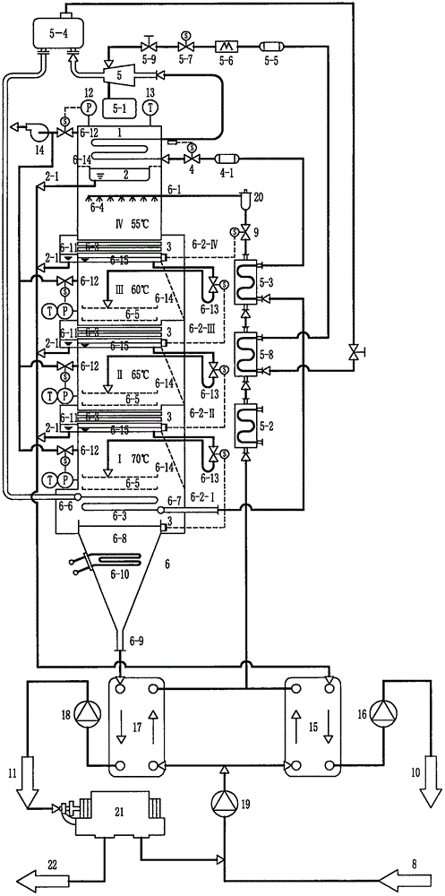 Condensed steam source heat pump driven multi-effect horizontal pipe falling film distillation column
