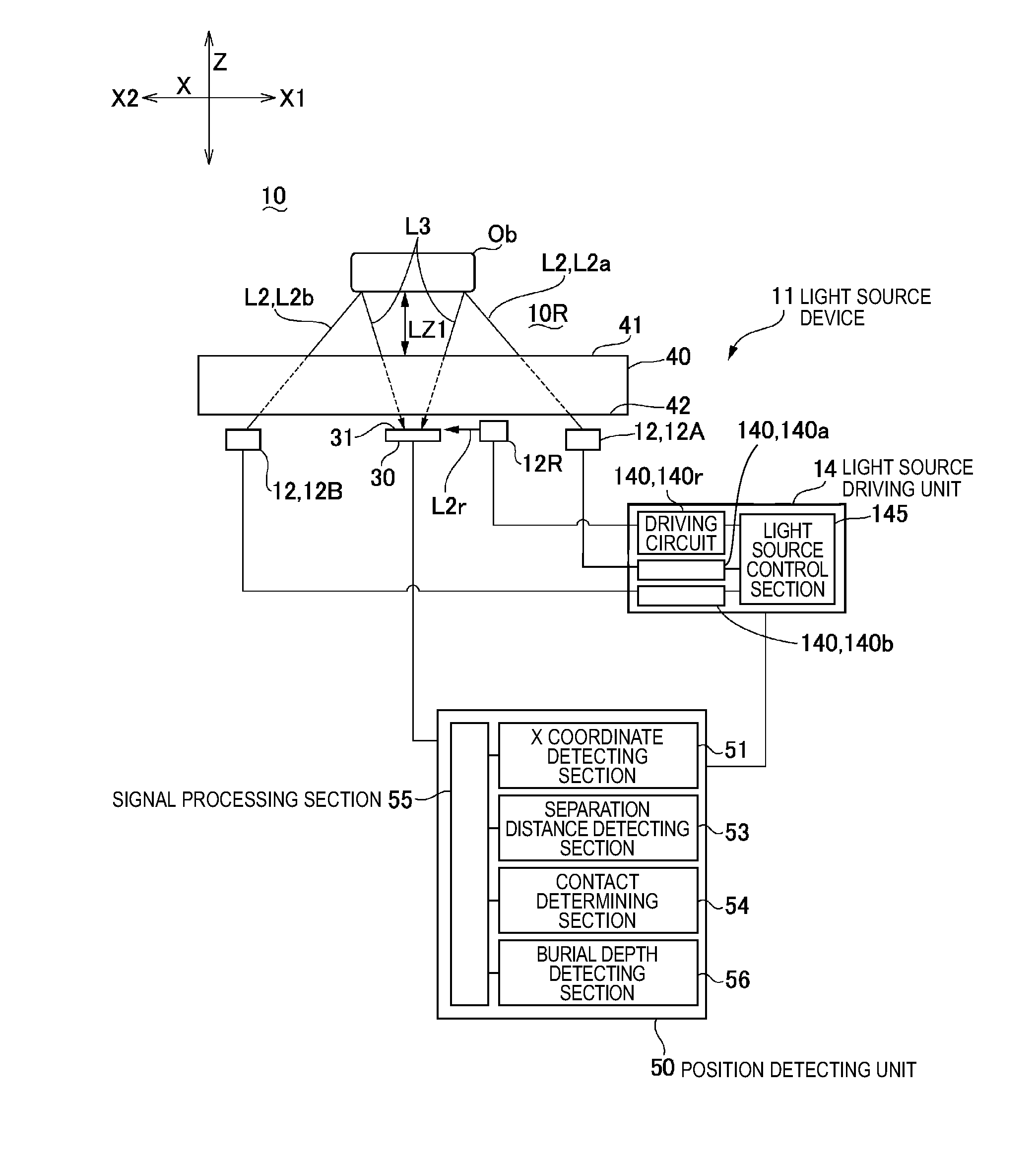 Optical-type position detecting device, hand apparatus, and touch panel