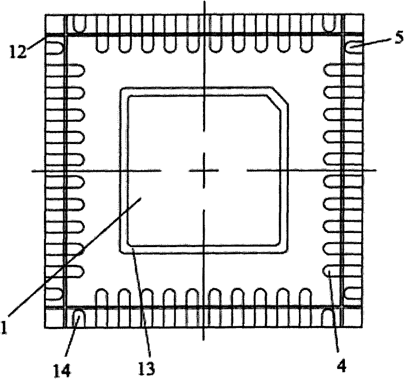 Packaging part with double-row pins and four flat and pin-free surfaces and production method thereof