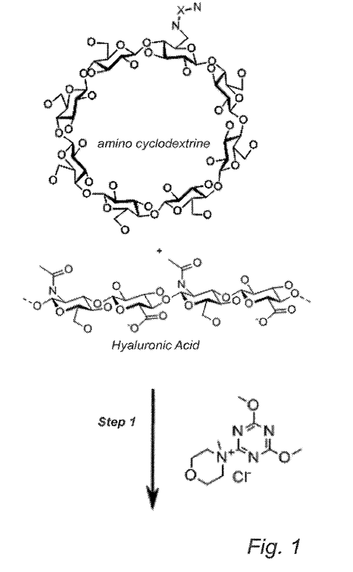 Cyclodextrin-grafted hyaluronic acid crosslinked with dextran and uses thereof