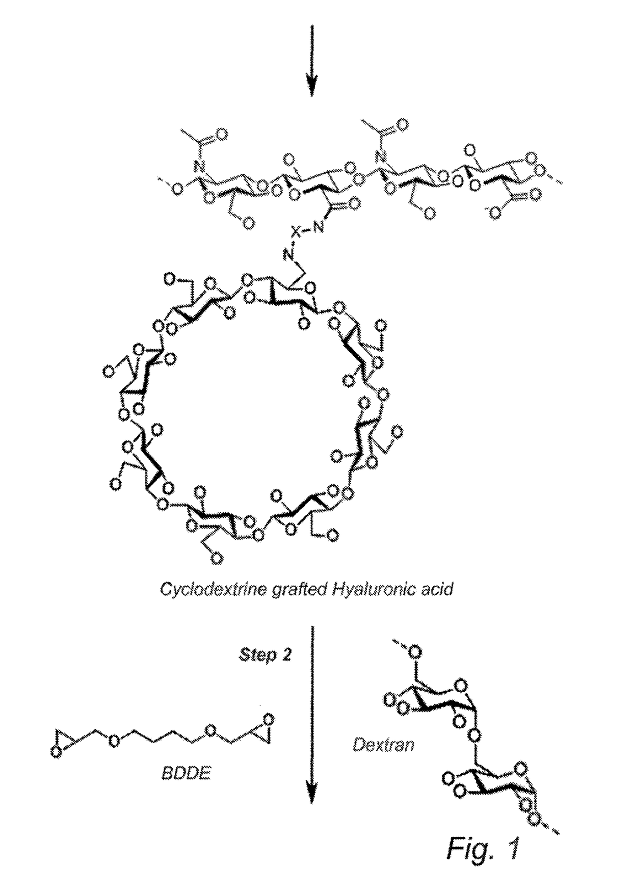 Cyclodextrin-grafted hyaluronic acid crosslinked with dextran and uses thereof