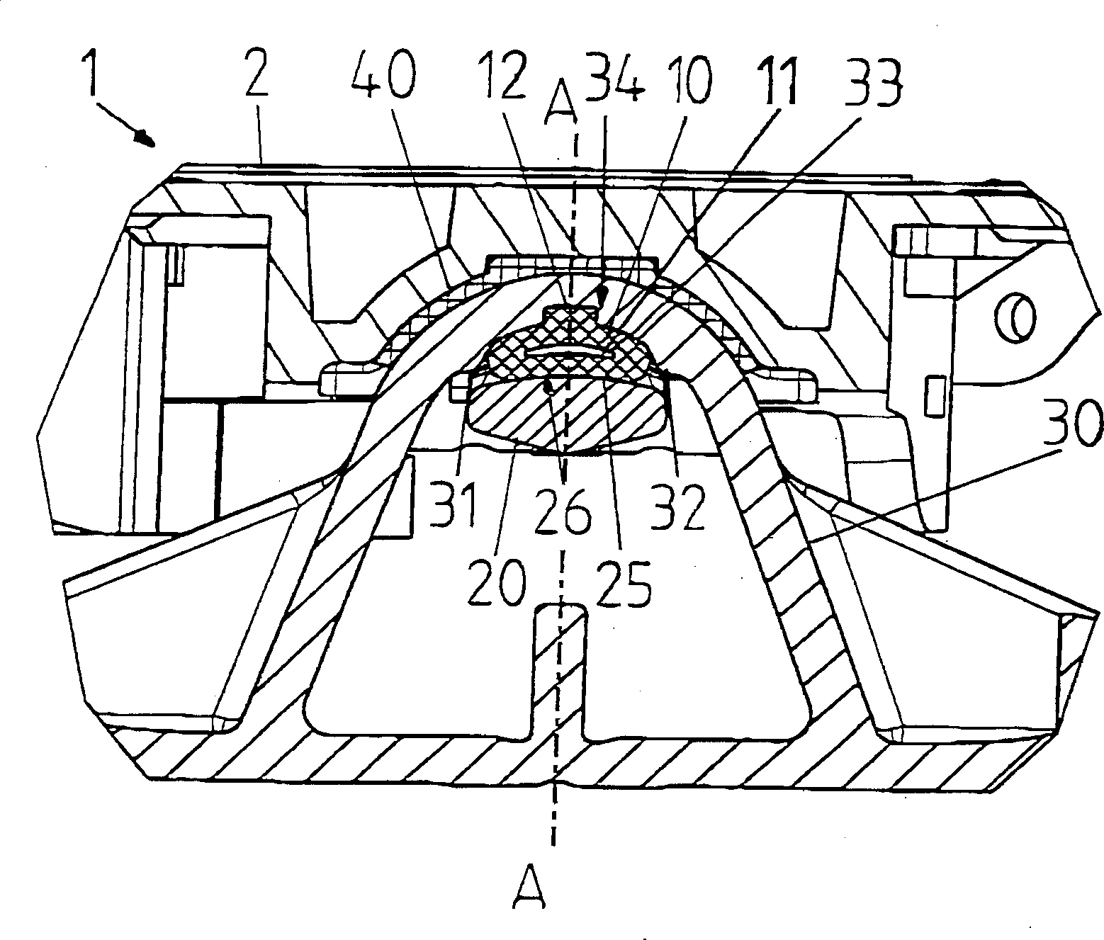 Mounting/bearing device with stirrup cradle and connecting bridge for bearing rotary disk