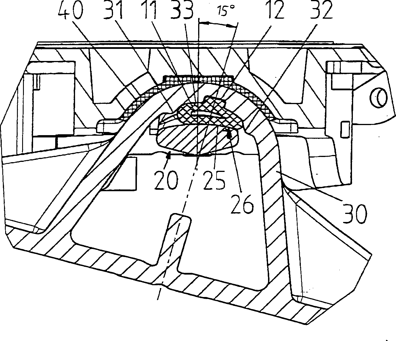Mounting/bearing device with stirrup cradle and connecting bridge for bearing rotary disk