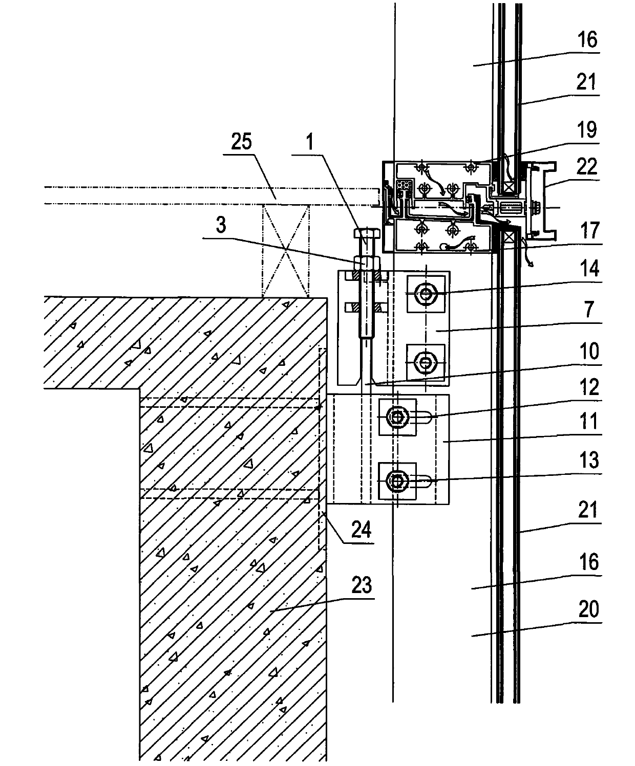 Force bearing device three-dimensionally adjusted and positioned by unitized curtain wall