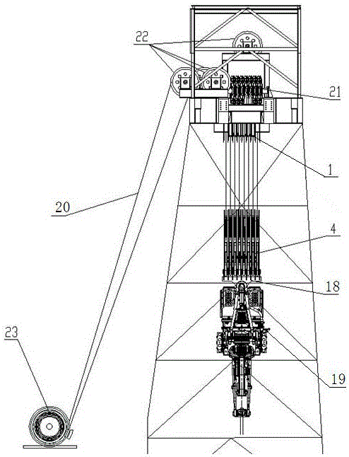 Variable rope tethered double cylinder winch hoisting system and transformation method for tethering rope
