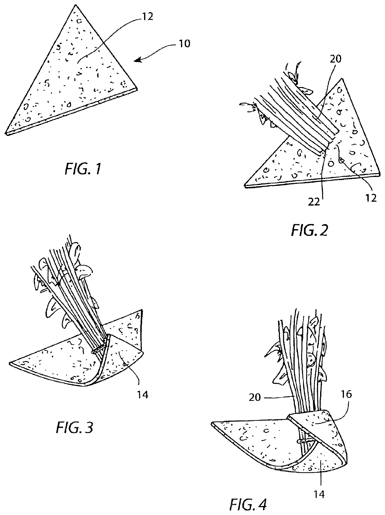 Triangular shaped flower stem wrap with outer plastic cover