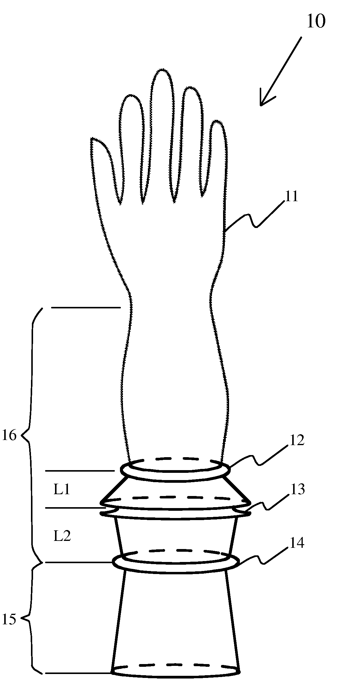 Glove with integrally formed arm trough for capturing liquids and a method therefor