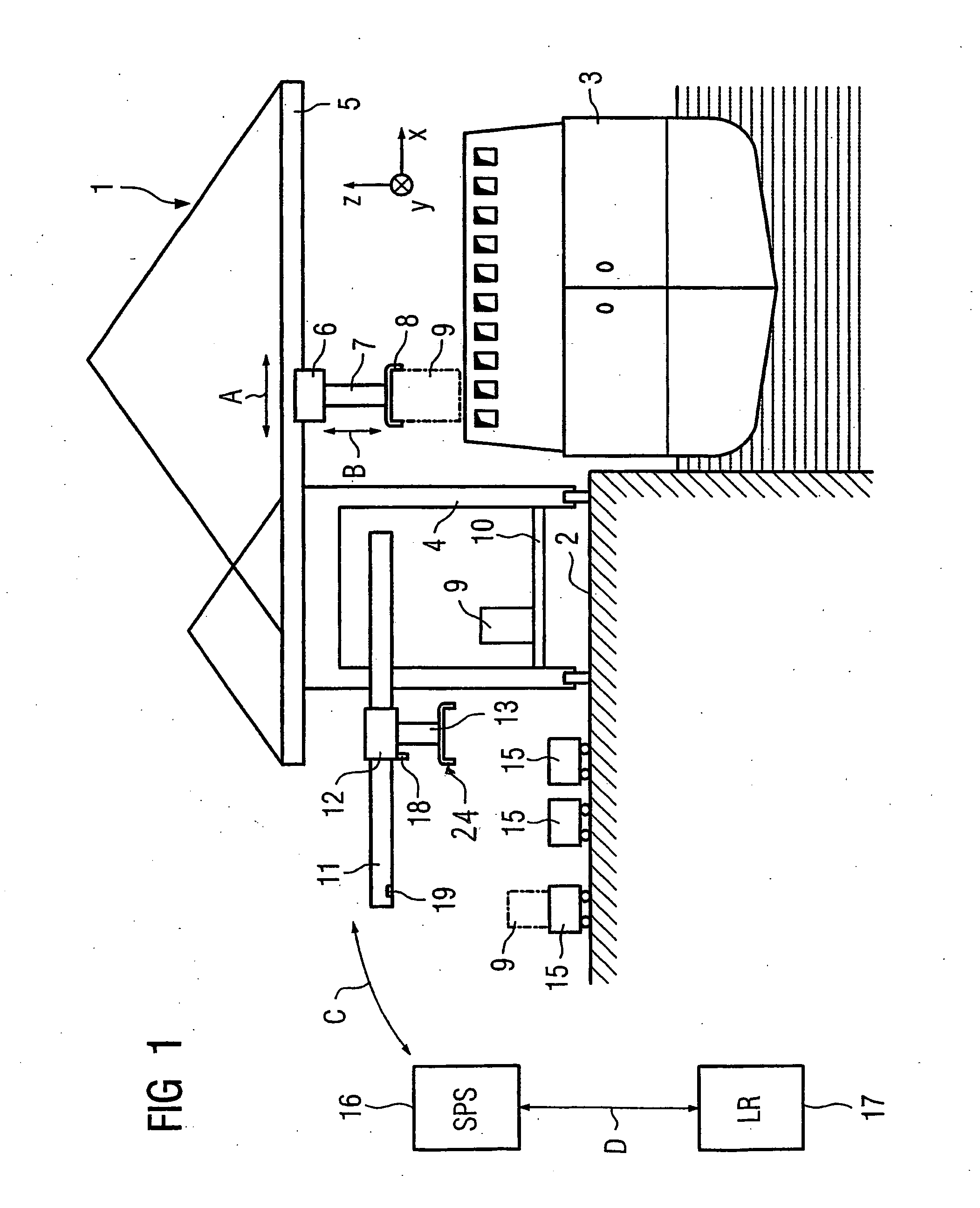Container crane, and method of determining and correcting a misalignment between a load-carrying frame and a transport vehicle
