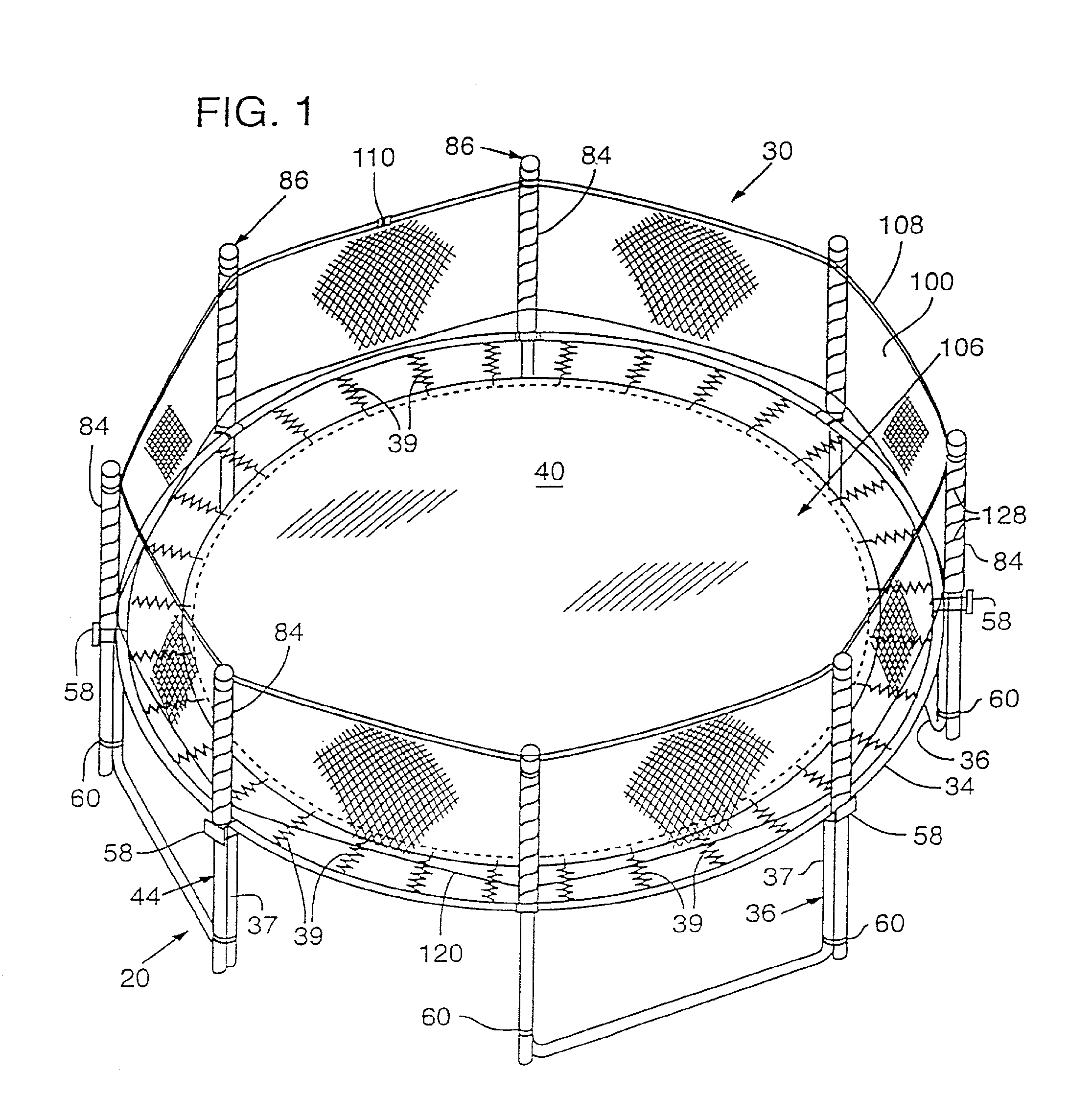 Trampoline or the like with enclosure