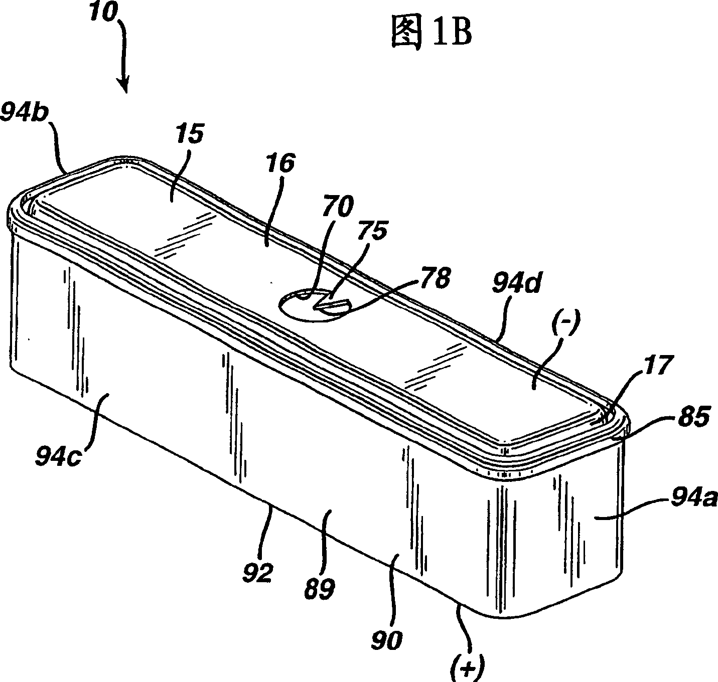 Electrochemical cell with flat casing and vent