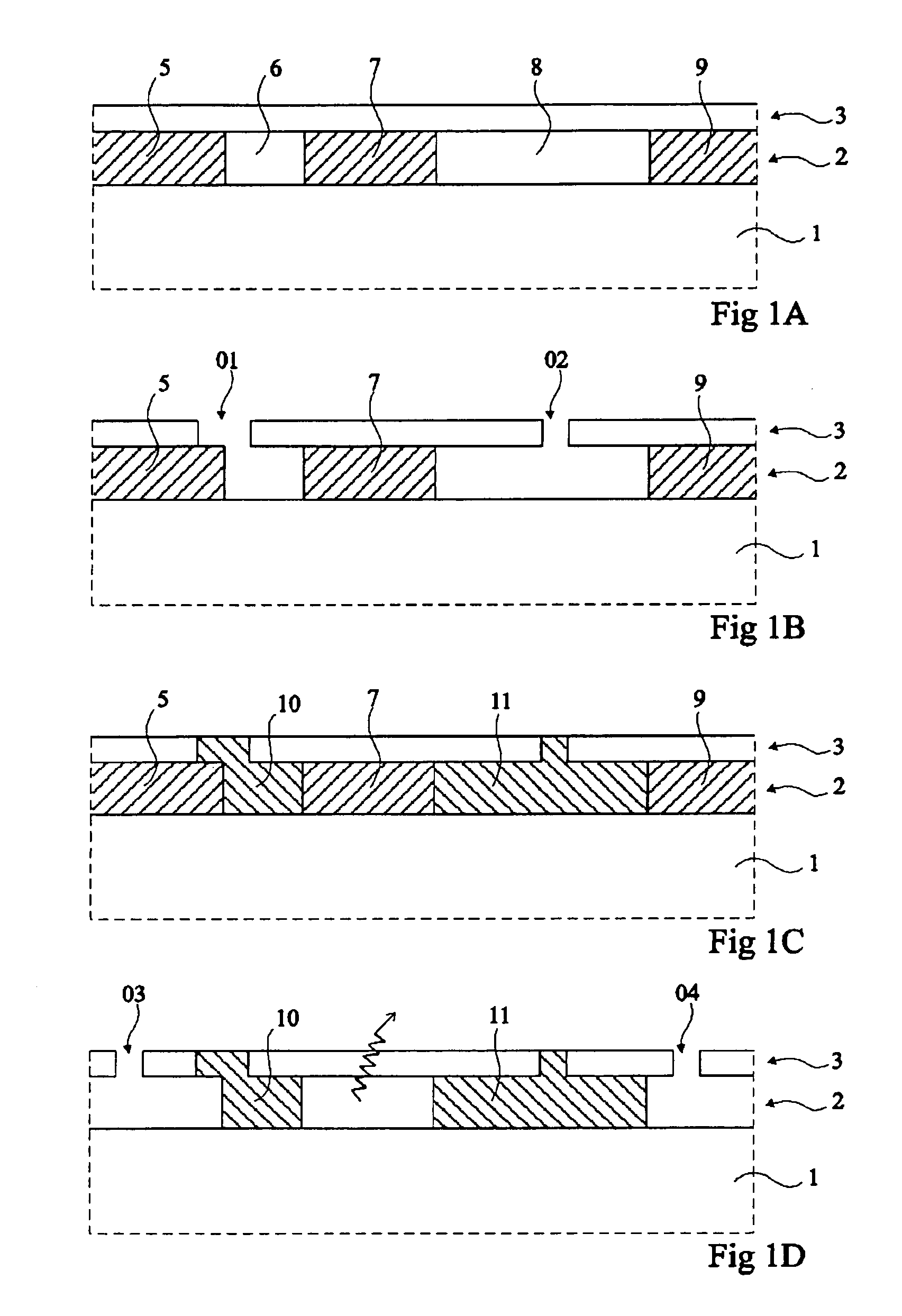 Method for forming, under a thin layer of a first material, portions of another material and/or empty areas