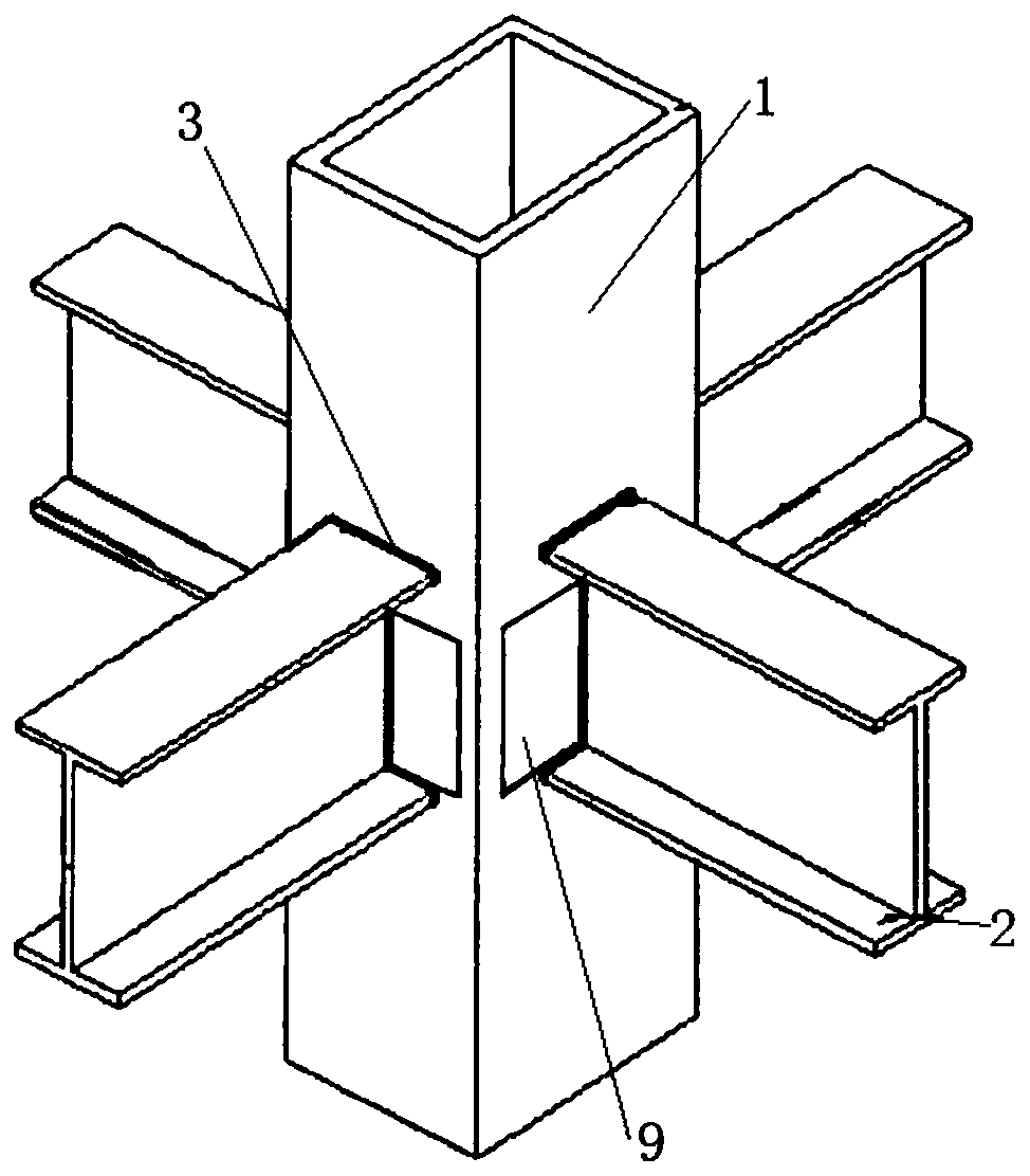 A connection node between a steel beam and a concrete filled steel tube column and its construction method