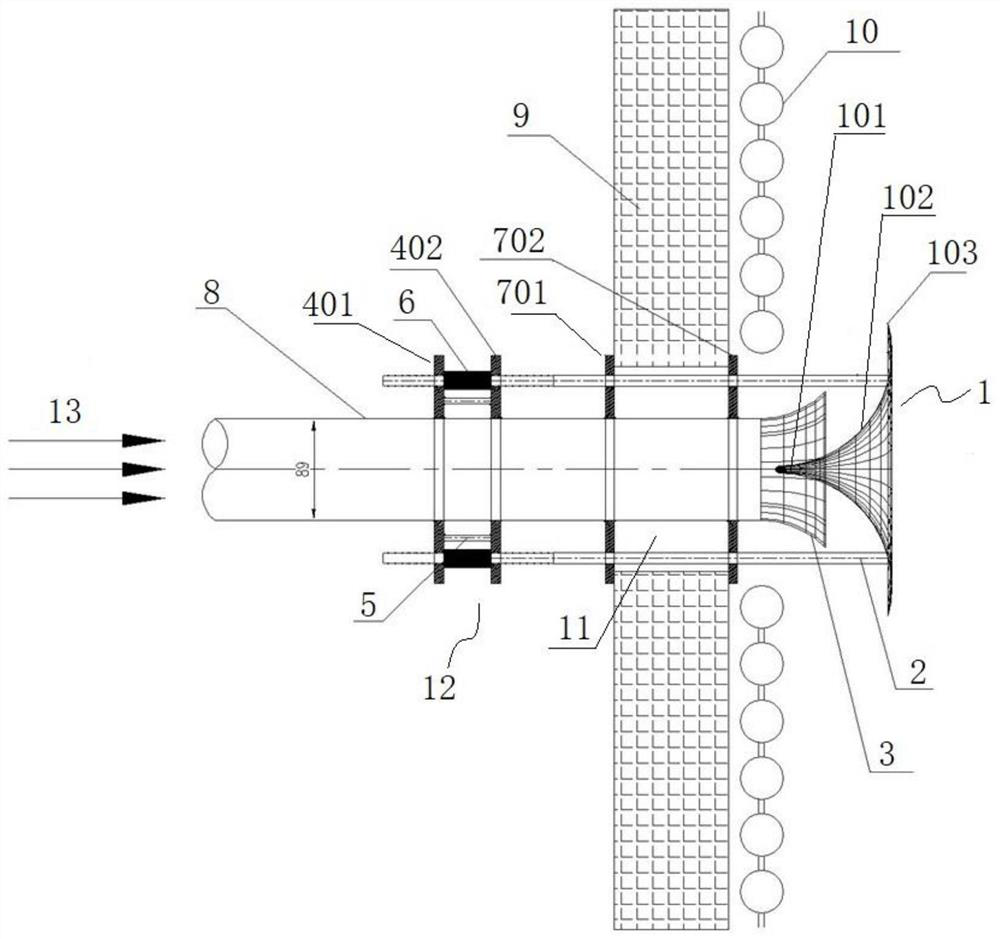 Flue gas recirculation nozzle device for preventing boiler water cooling wall from slagging and abrasion