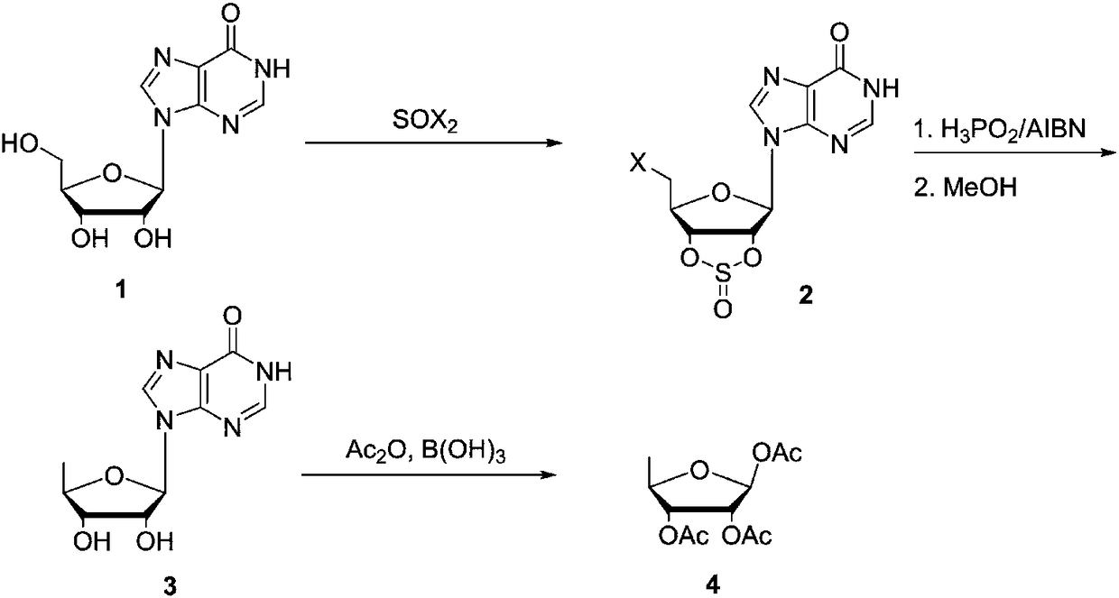 Preparing method of 1,2,3-tris-O-acetyl-5-deoxy-beta-D-ribose