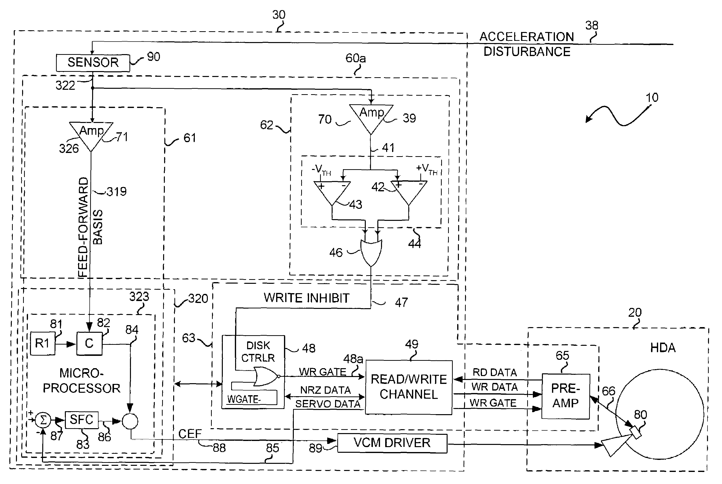 Acceleration disturbance detection subsystem for use with disk drives