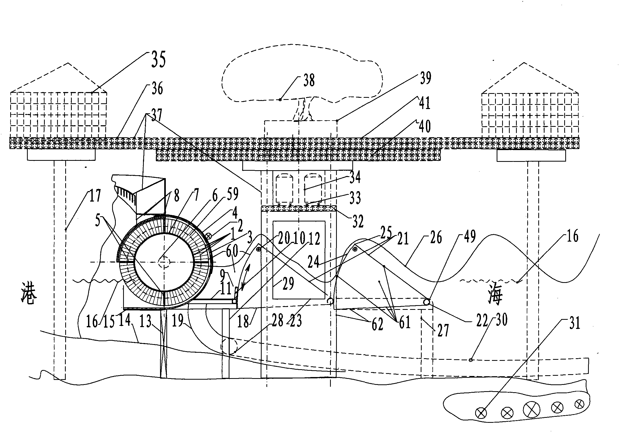 Island shelf floating boat multi-ring power generation system consisting of double-peak-body and helical water wheel wave absorption retaining wall