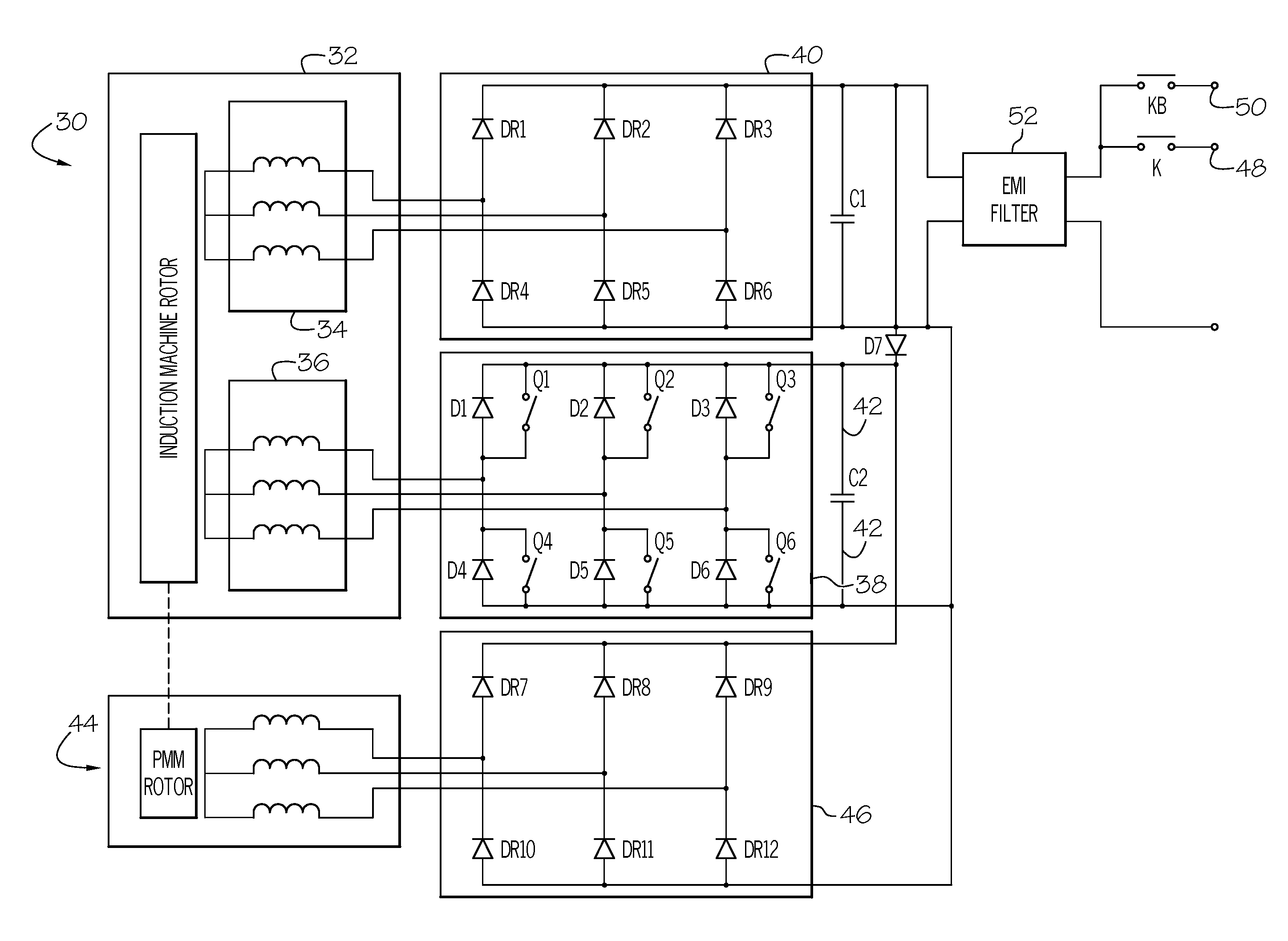 DC bus short circuit compliant power generation systems using induction machine